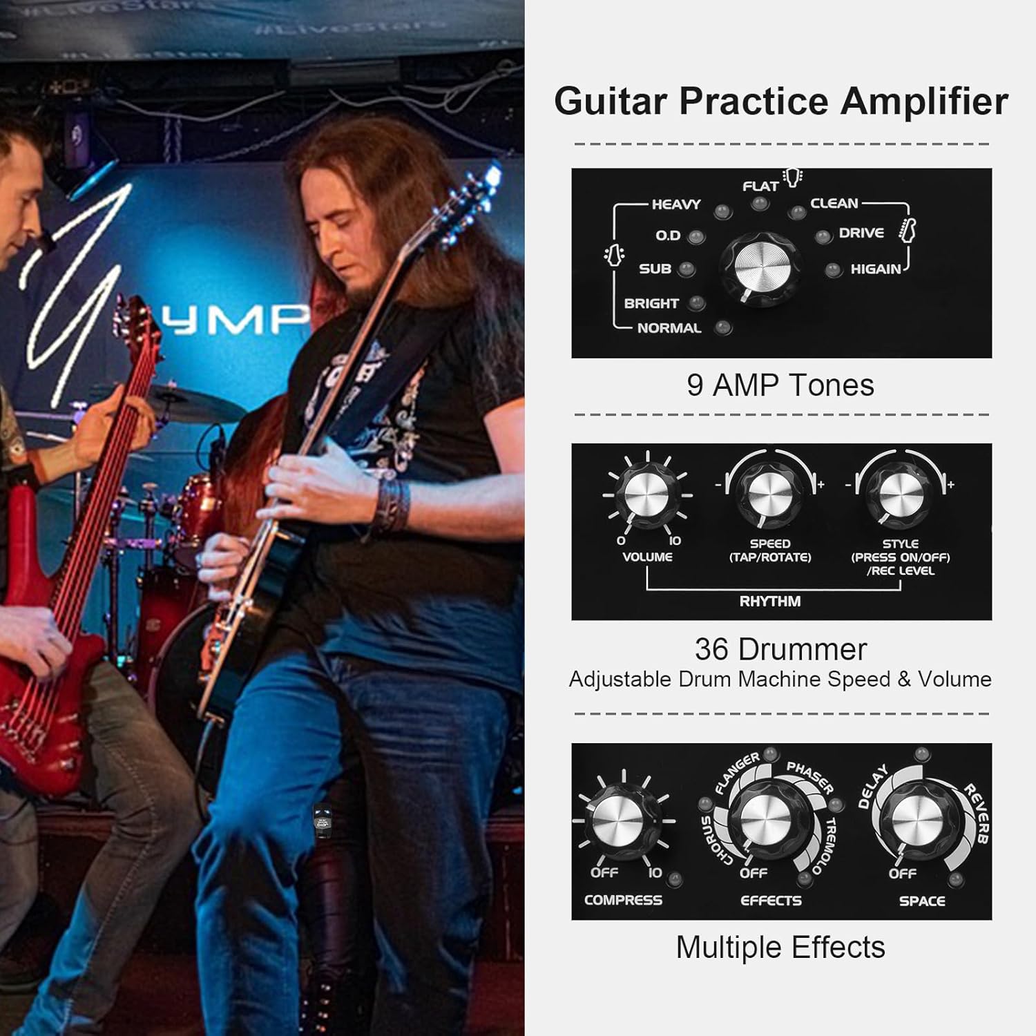 JOYO DC-15B Digital Guitar Combo Amp with Built-in Effects & Drum Machine CM-04 15ft Premium Noise-Free Cable Bundle,15W Portable Amp, 8 Amp Voicings, Bluetooth