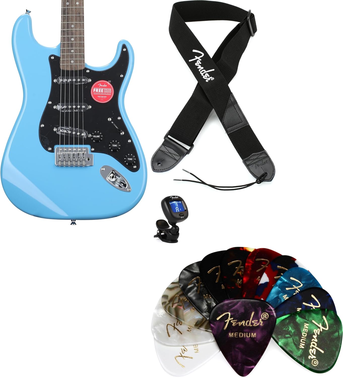 Squier Sonic Stratocaster Electric Guitar Essentials Bundle - California Blue with Laurel Fingerboard