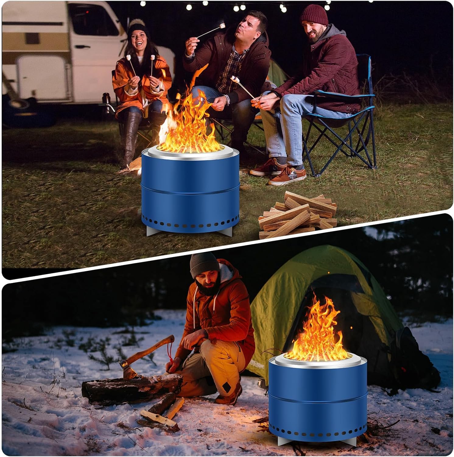 19.5 Inch Smokeless Fire Pit, Stainless Steel Outdoor Portable Fire Pit, Smokeless Outdoor Stove with Stand, Carry Bag & Removable Ash Pan, Stove Bonfire for Patio, Camping, Blue