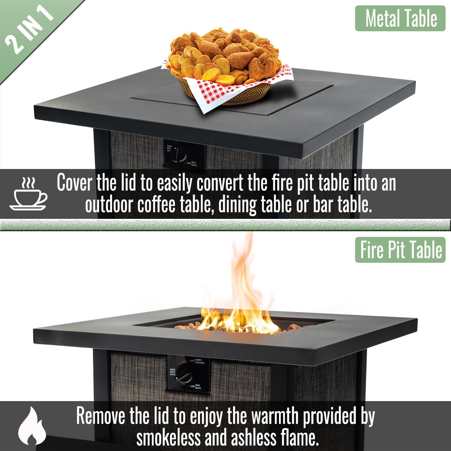 50,000 BTU Propane Fire Pit Table 28 Inch Square Outdoor Patio Heater for Deck Garden, Black Steel Fire Pit with Lava Rocks & Cover