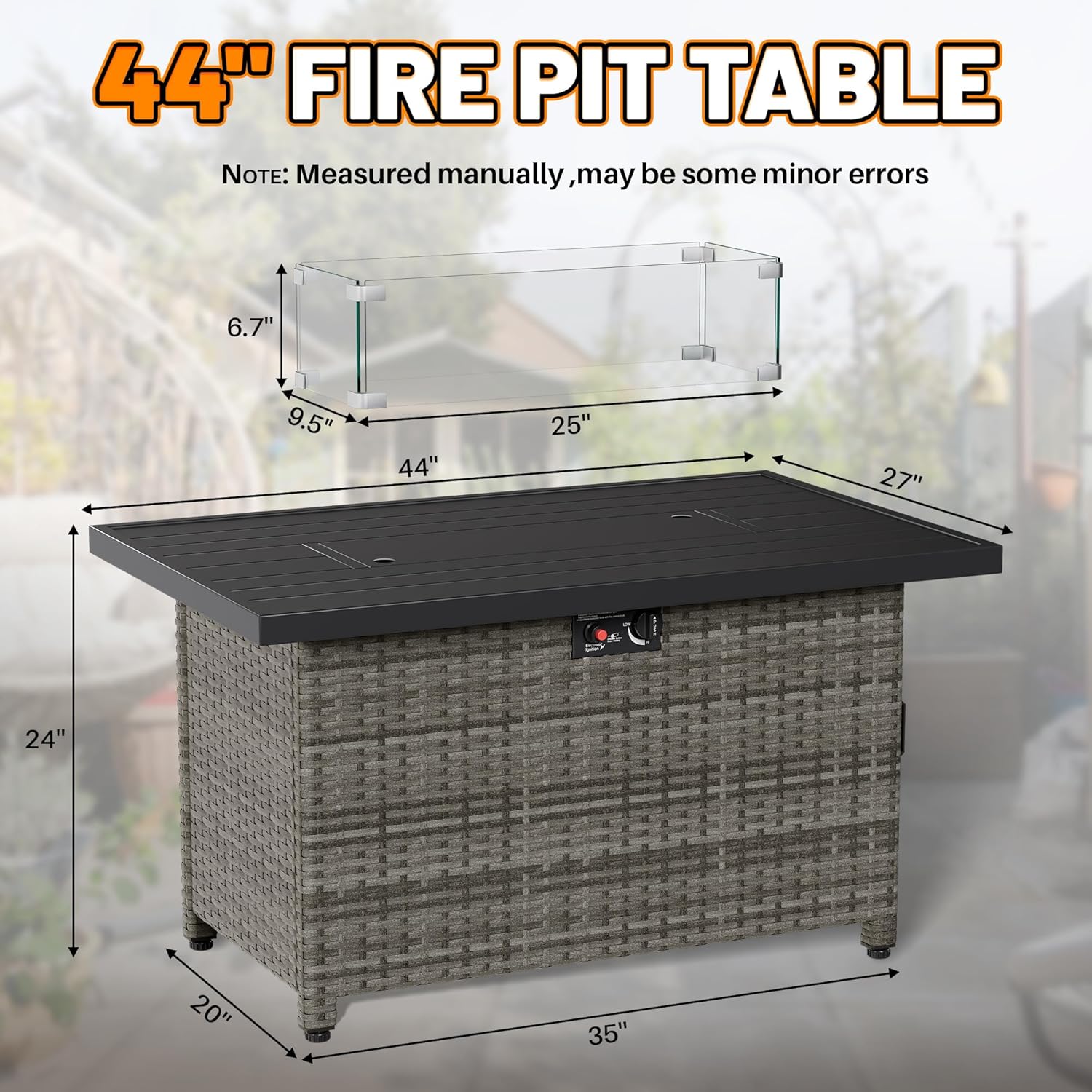 LHBcraft 44 Inch Propane Fire Pit, 50000 BTU Fire Pit Table with Glass Wind Guard and Lid, Gas Fire Pits for Outside Patio and Garden(Grey)
