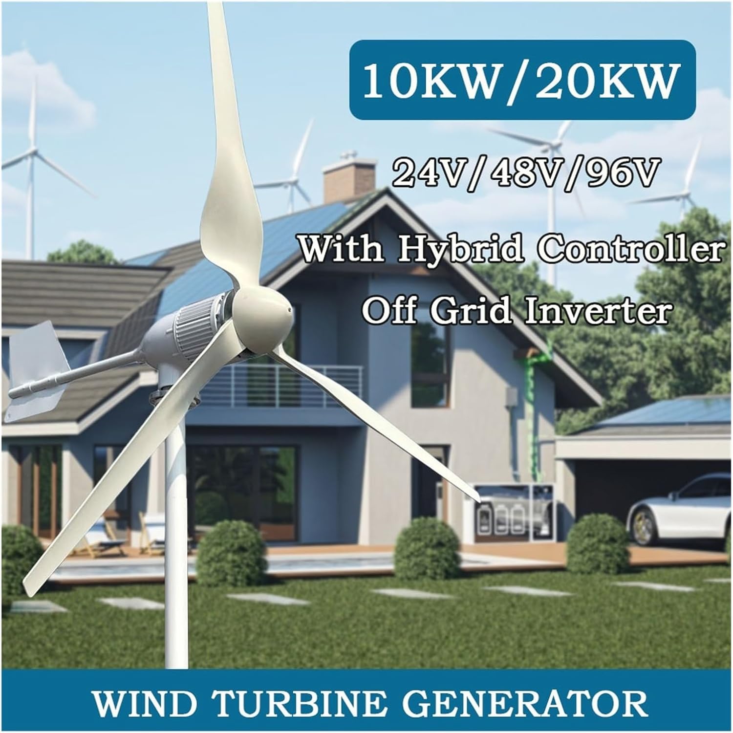 Wind Turbine Generators Kit, 20KW Horizontal Wind Turbine Generator 96V 48V 24V Windmill Strong Power Off Grid Inverter Output for Home Low Starting Speed for Home(Hybrid Control,96V_20KW)