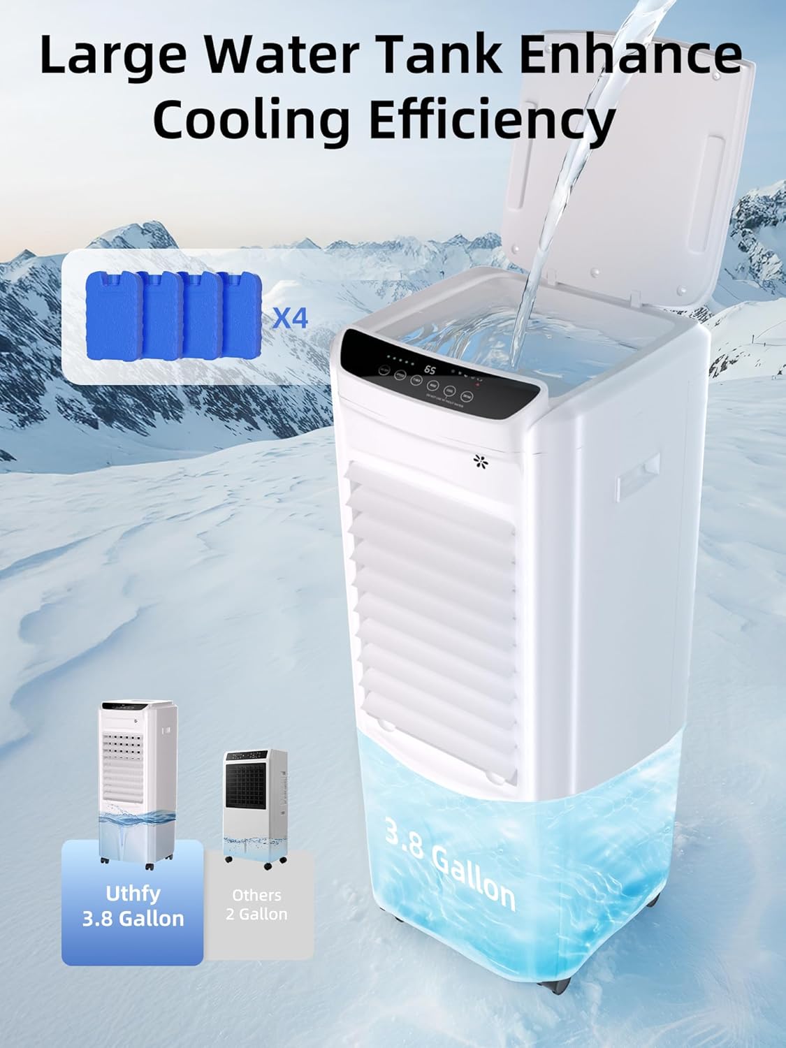 Uthfy Evaporative Air Cooler with 4 Modes, 3 Speed, 4.2 Gal Water Tank, 28