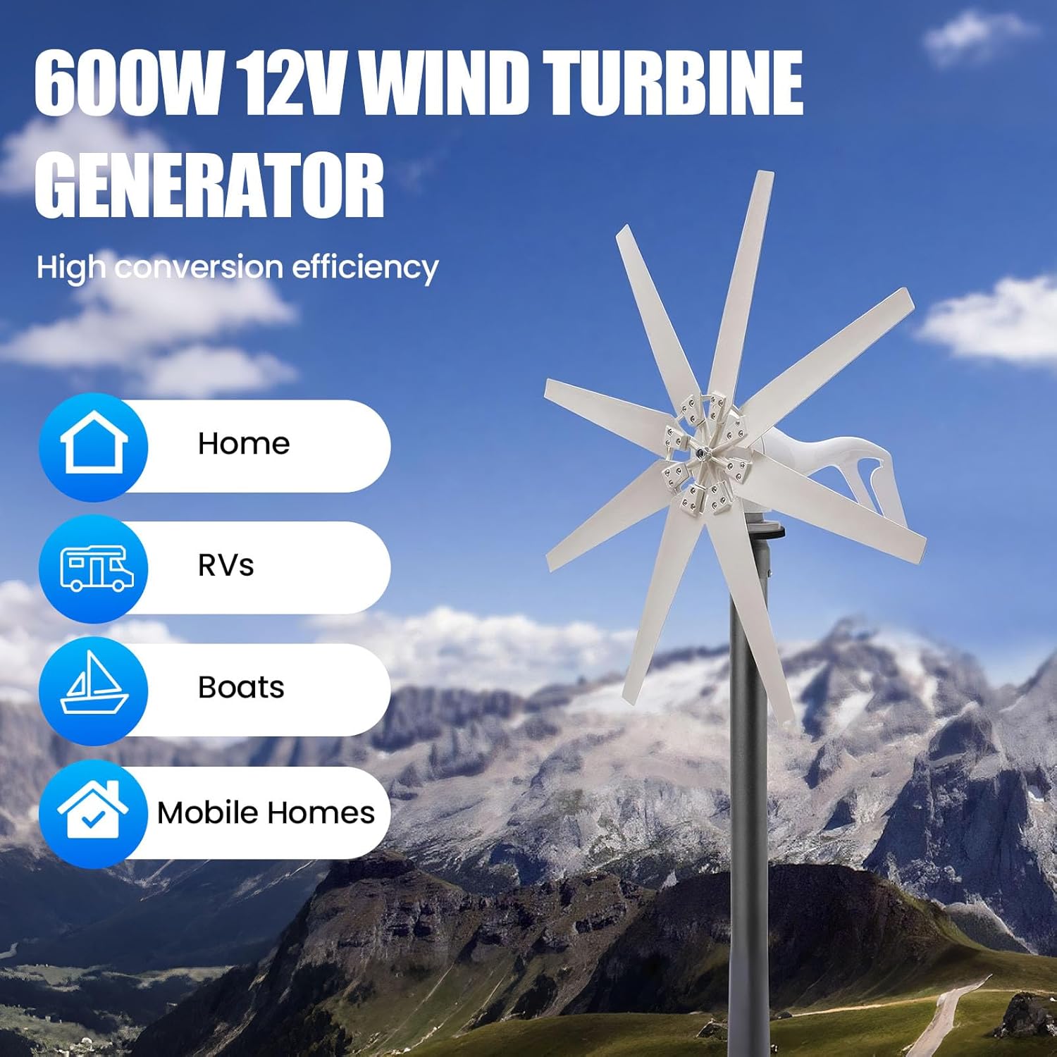 600W 12V Wind Turbine Generator, 8-Blade Wind Turbine Kit with Charge Controller & Anemometer, Windmill Generator Kit for Home, Farm, RVs, Boats