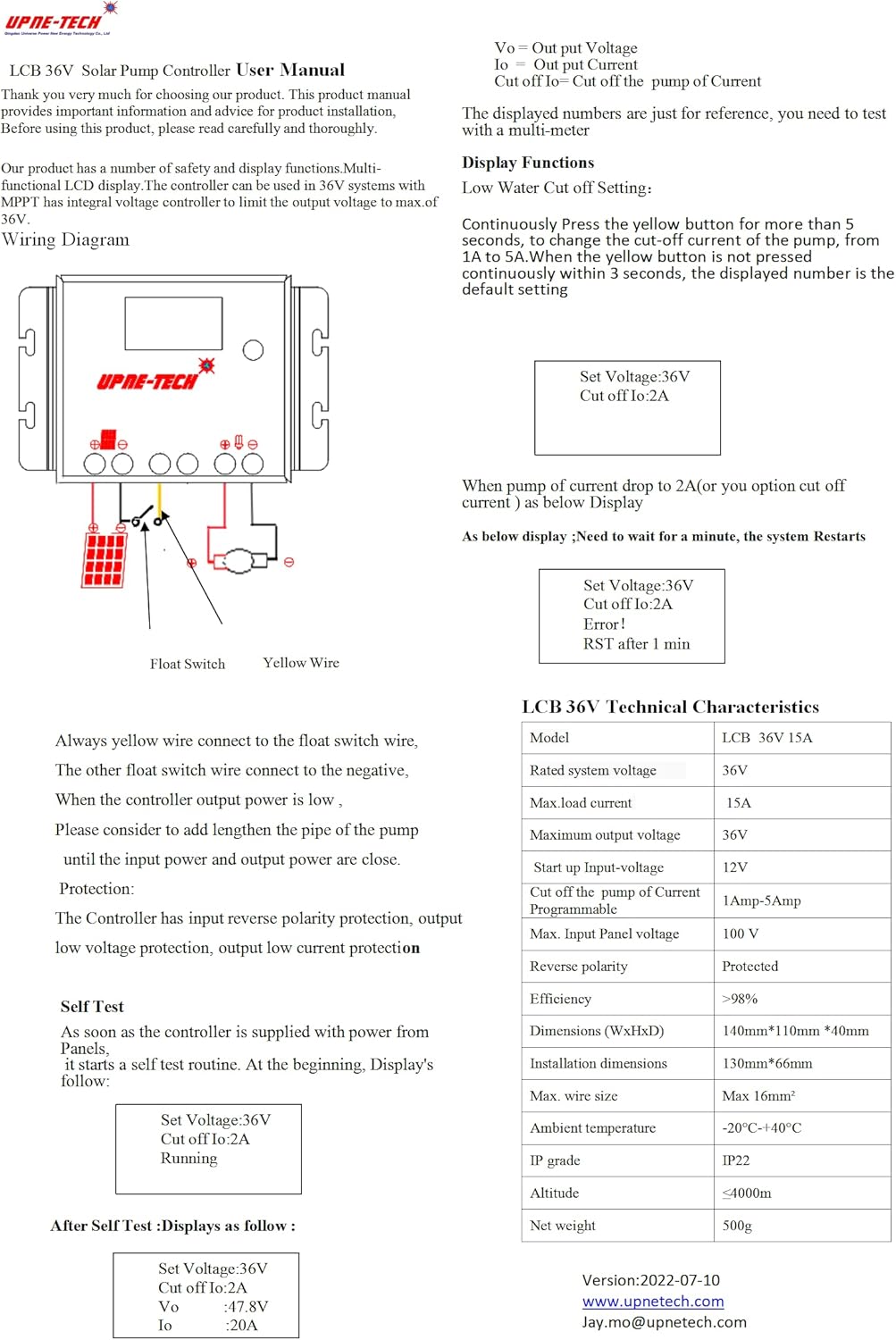 Solar Pump Controller,LCB 15A 36V with LCD Display,DC Pump Controller,Linear Current Boosters Used in Solar Direct Pumping Applications;Compatible Models: 36 VDC Pumps; Input Voltage: 16 - 90 VDC