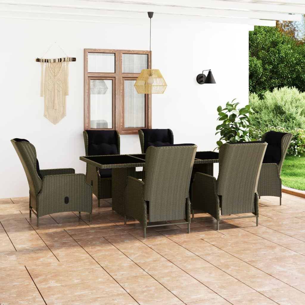 7 Piece Patio Dining Set with Cushions Poly Rattan Brown,Adjustable Reclining Patio Dining Set with Glass Top Table and Washable Cushions Furniture Sets for Patio, Lawn & Garden