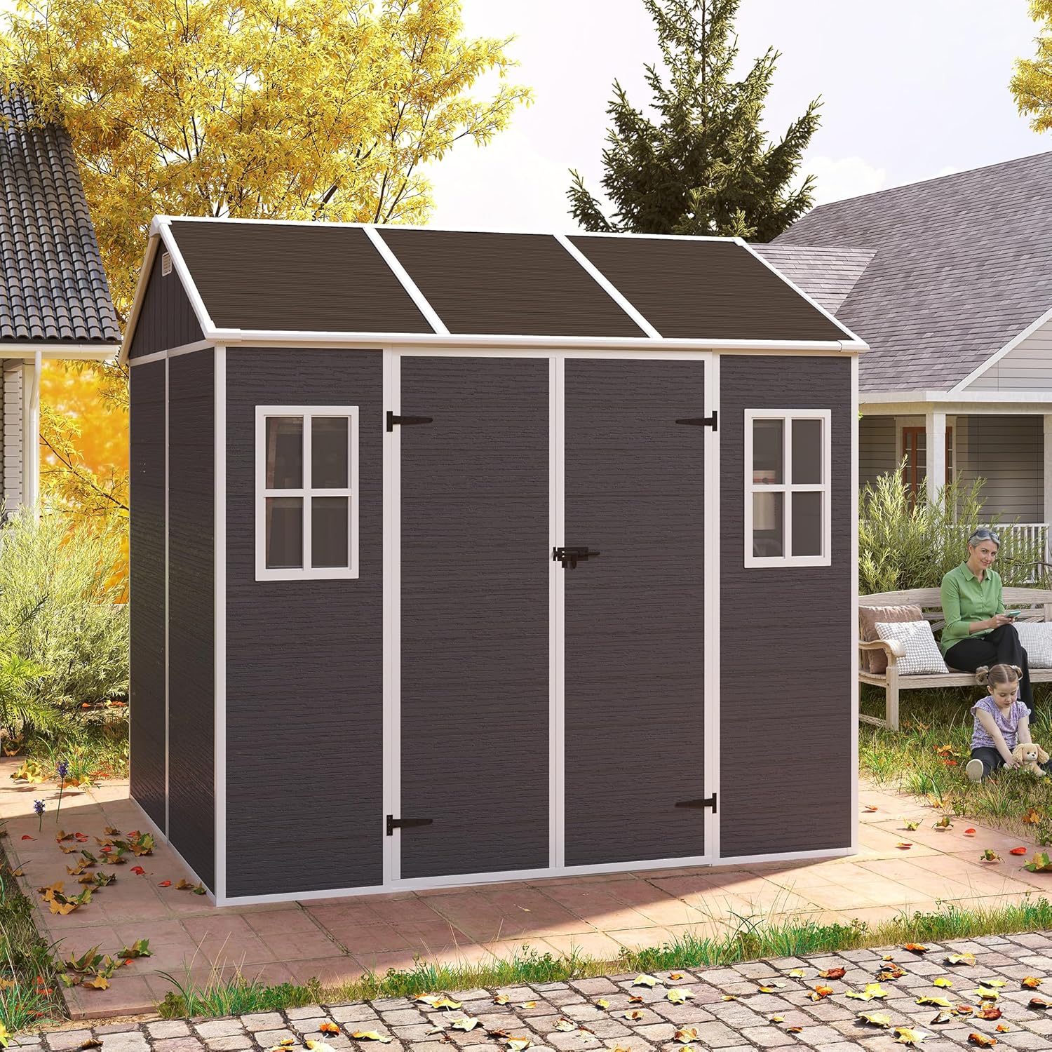8x7 FT Outdoor Storage Shed, Plastic Garden Shed with Floor, Resin Storage Shed with 2 Windows, Waterproof Outside Tool Shed with Lockable Hinged Doors & Air Vents for Backyard, Patio, Lawn, Dark Gray