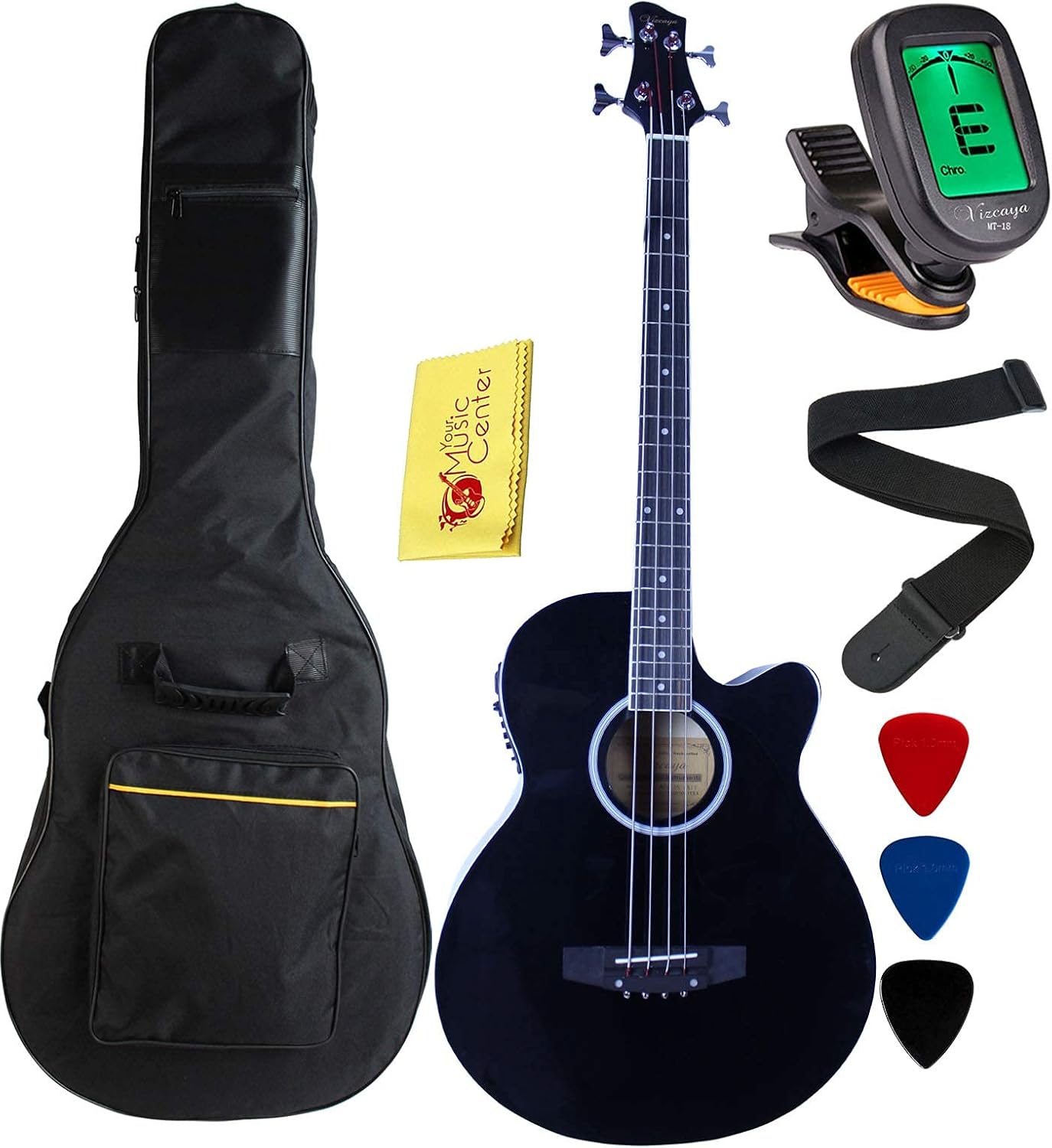 Vizcaya Full Size 4 Strings Cutaway Acoustic-Electric Bass Guitar With 4-Band Equalizer,5mm Padding Gig Bag,Strap, Picks-Black