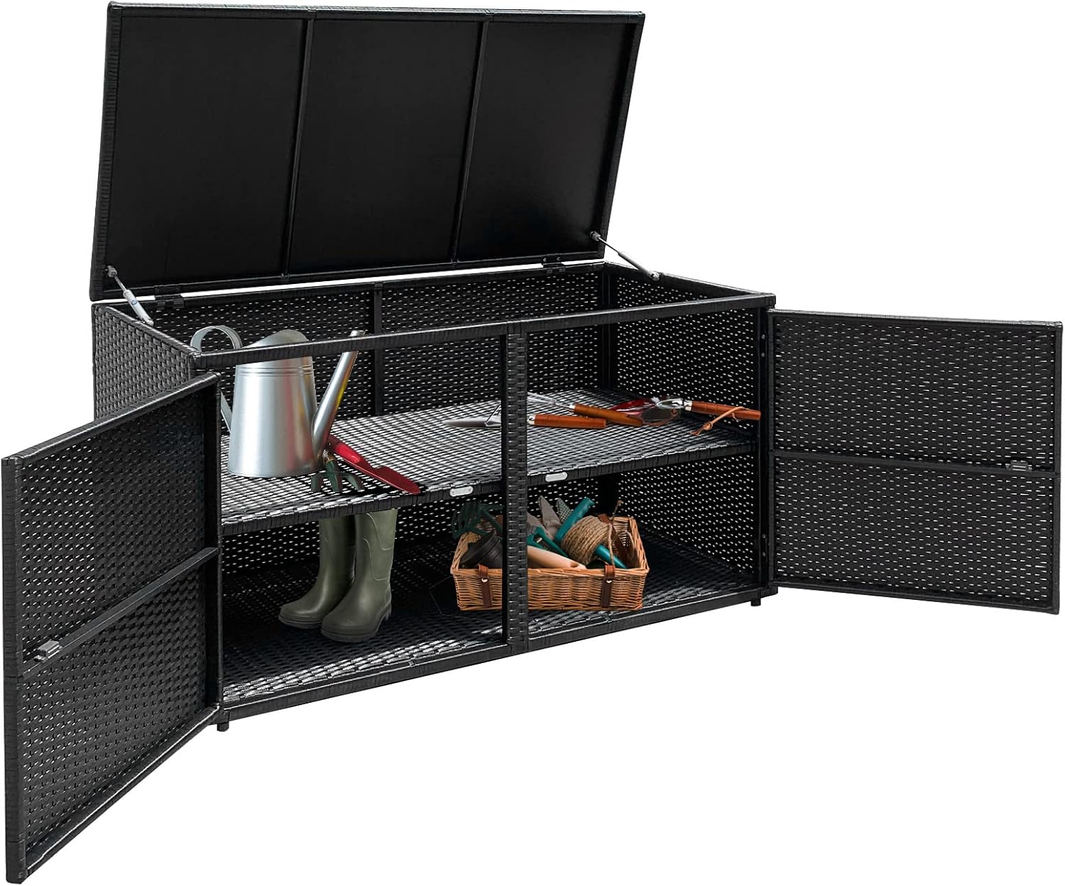 HAPPYGRILL Deck Box Outdoor Wicker Storage Box Cabinet, 88 Gallon Patio Rattan Storage Container Bin Box for Furniture Tools in Garden Balcony Porch Yard