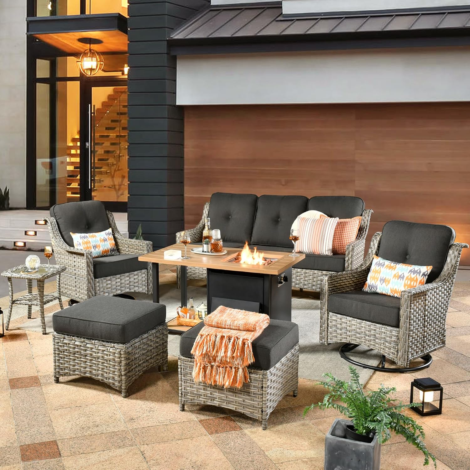 Patio Furniture Sets,Outdoor Sofa with Swivel Rocker Chairs and Fire Pit Table,7 Pieces All Weather PE Wicker Conversation Set and Matching Side Table,Grey Wicker Black Cushion