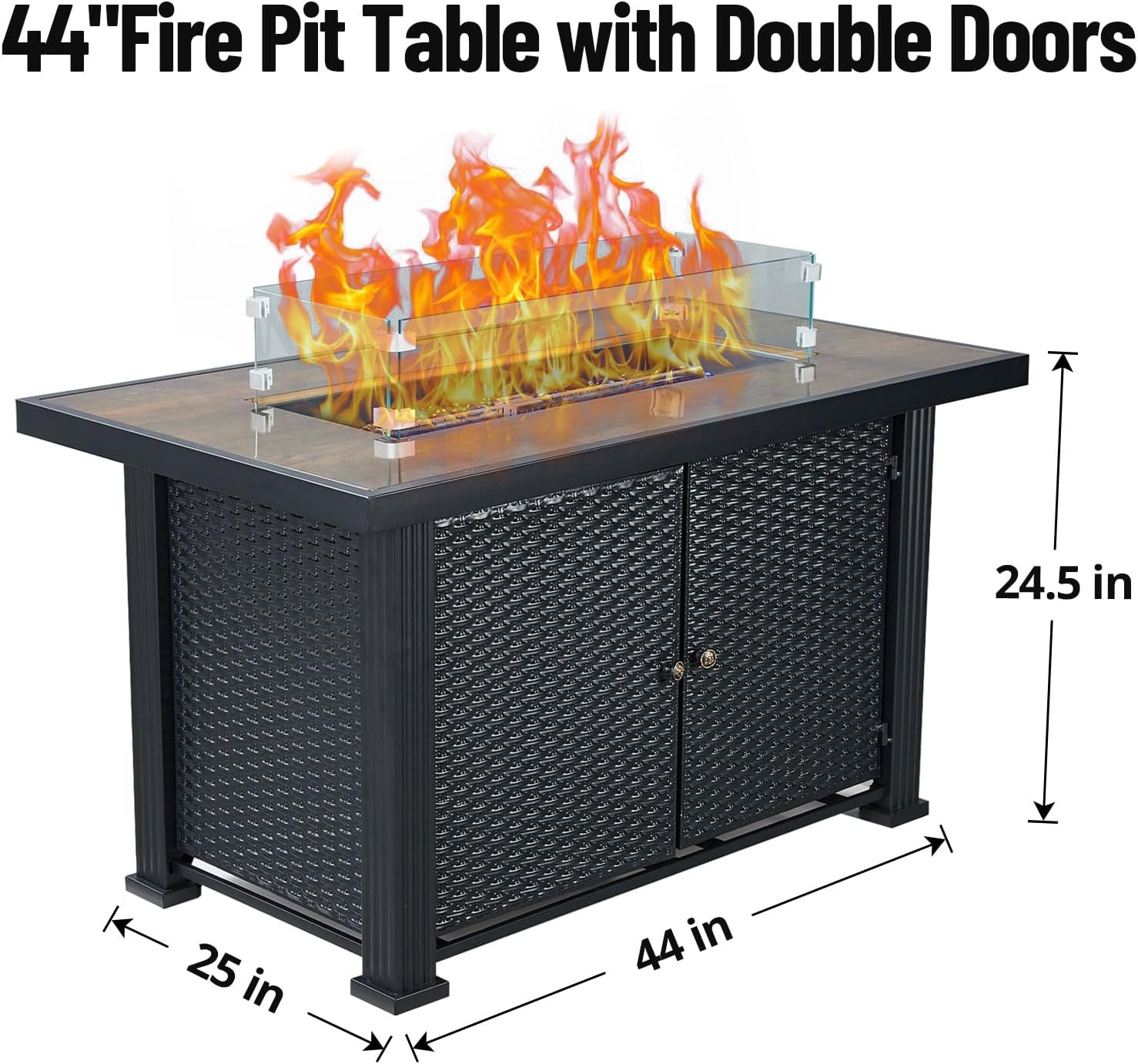 Rectangle Fire Table, 44 Inch Propane Fire Pit Table, 50000BTU, Rattan Panel, Glass Wind Guard, Black Tempered Glass Tabletop, CSA Safety Certified, Companion for Your Garden