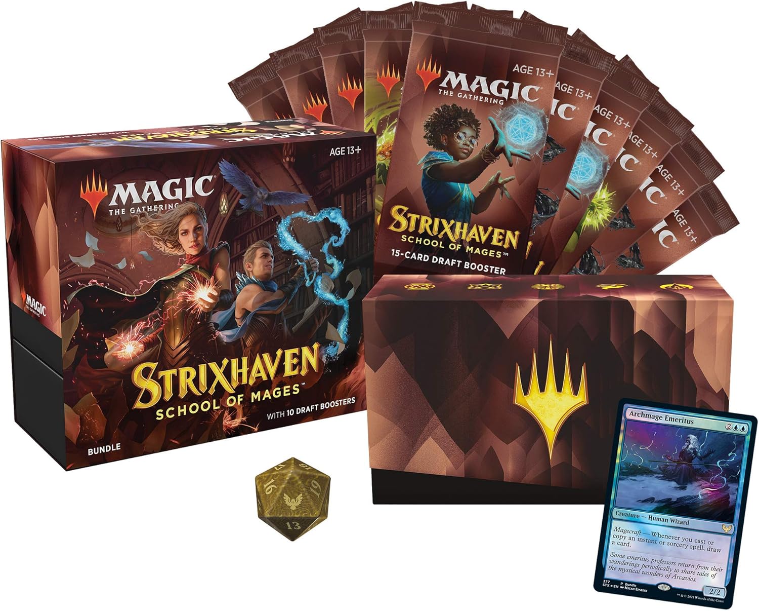 Magic The Gathering Strixhaven Bundle | 10 Draft Boosters (150 Magic Cards) + Accessories, Brown