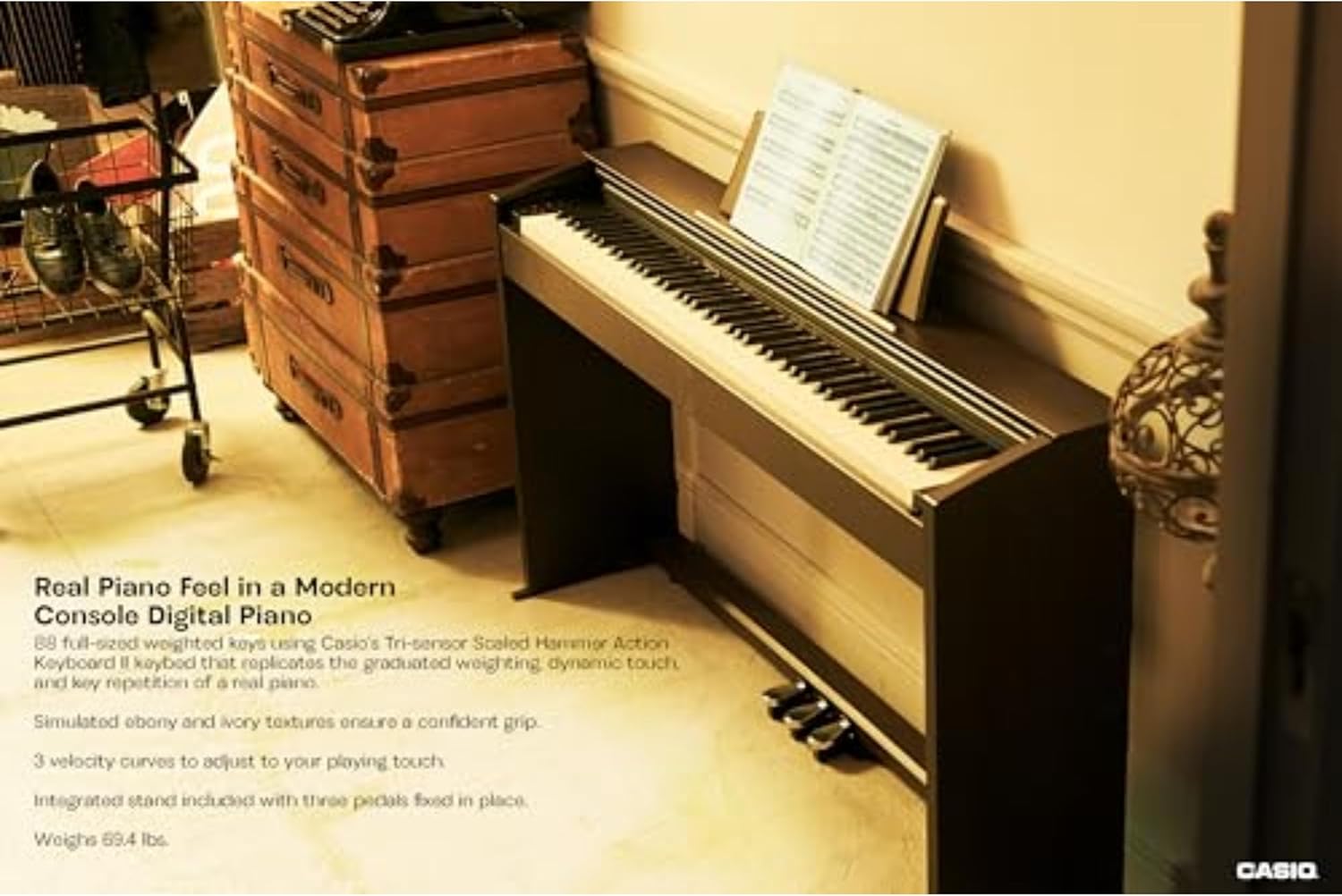 Casio Privia PX-770 – 88-Key Weighted Console Digital Piano | Tri-Sensor II Scaled Hammer Action Keys | AiR Sound Source, 19 Tones, Concert Play, 16W Stereo Speakers, USB-MIDI | Elegant Brown Cabinet