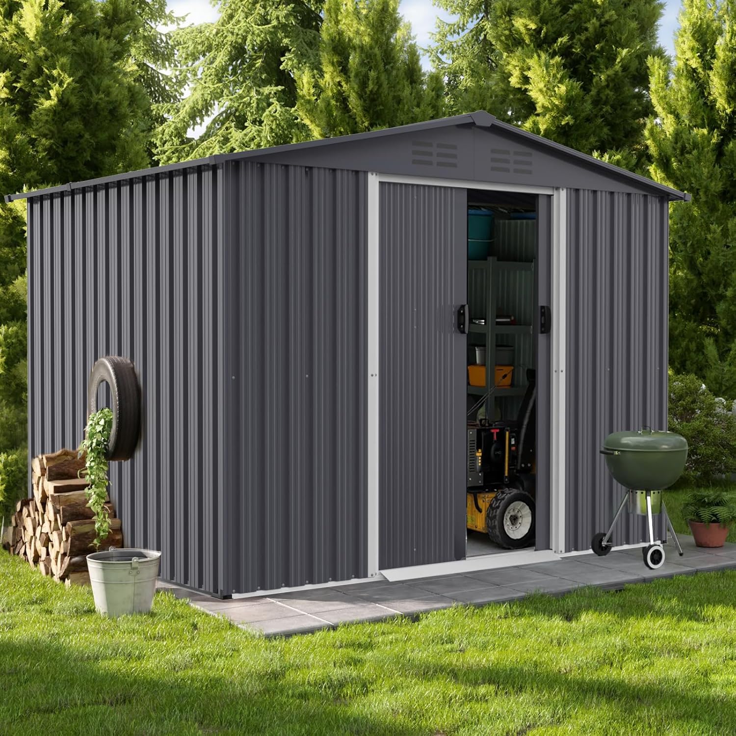 GinkartuOutdoor Storage Shed 8 x 6 FT Large Metal Tool Sheds, Heavy Duty Storage House with Sliding Doors with Air Vent for Backyard Patio Lawn to Store Bikes, Tools, Lawnmowers Dark Grey
