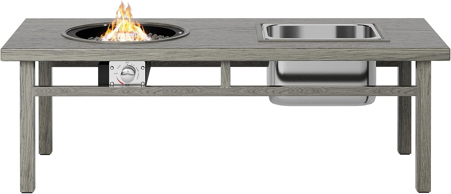 3-in-1 Coffee Table with Ice Bucket and Fire Pit – Beige, Durable Aluminum Table with Wood-Like Grain Design for Outdoor Patio