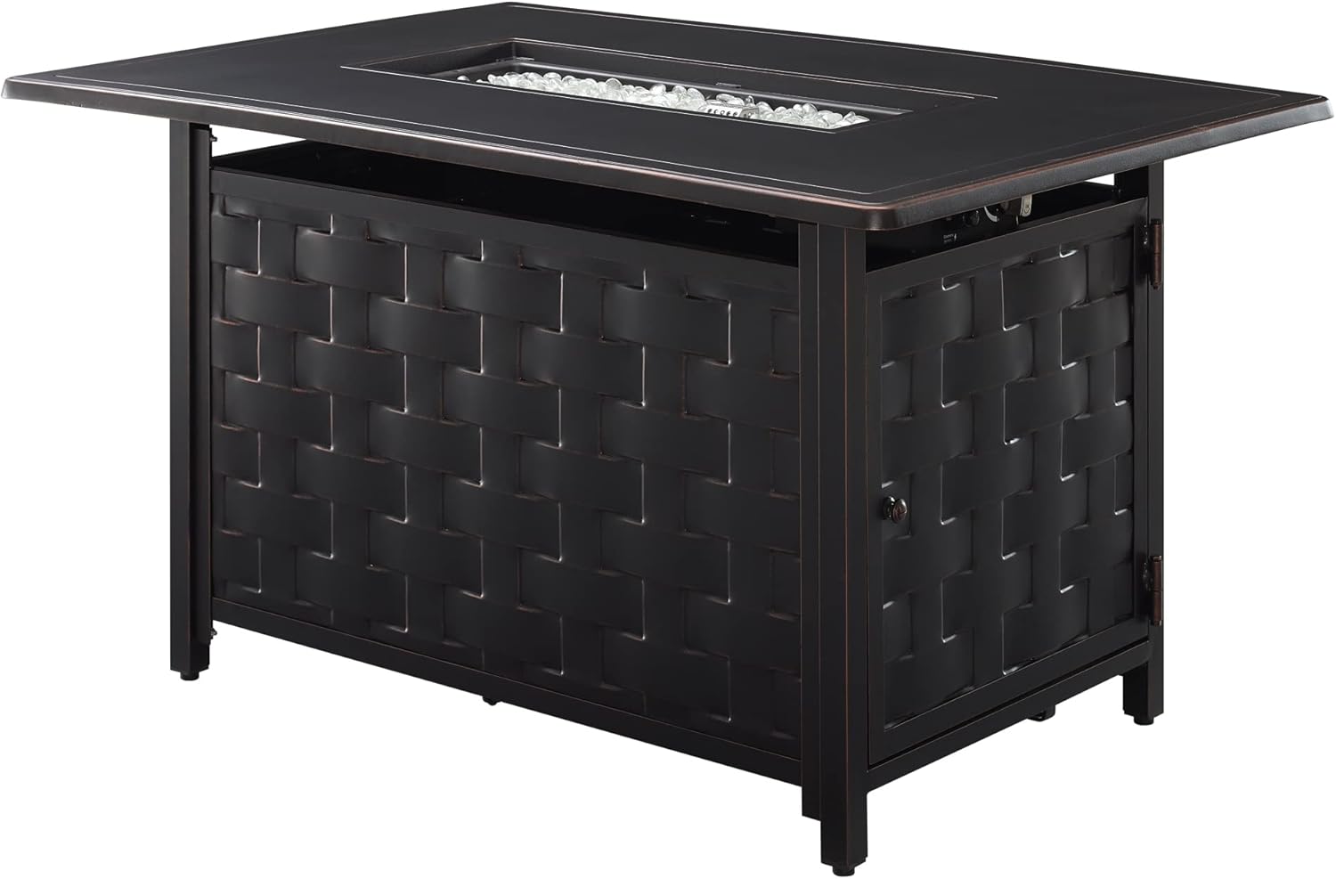 Fire Sense 63700 Preston Basketweave Aluminum Convertible Gas Fire Pit Table 45,000 BTU Multifunctional Outdoor Firepit with Fire Bowl Lid Nylon Cover Clear Fire Glass Bronze Finish - Rectangular 44