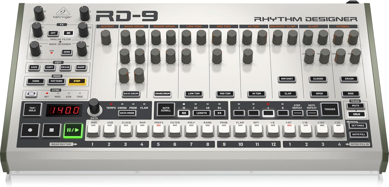 Behringer RHYTHM DESIGNER RD-9 Classic Analog/Digital Drum Machine with 11 Drum Sounds, 64-Step Sequencer, Wave Designer and Dual-Mode Filter