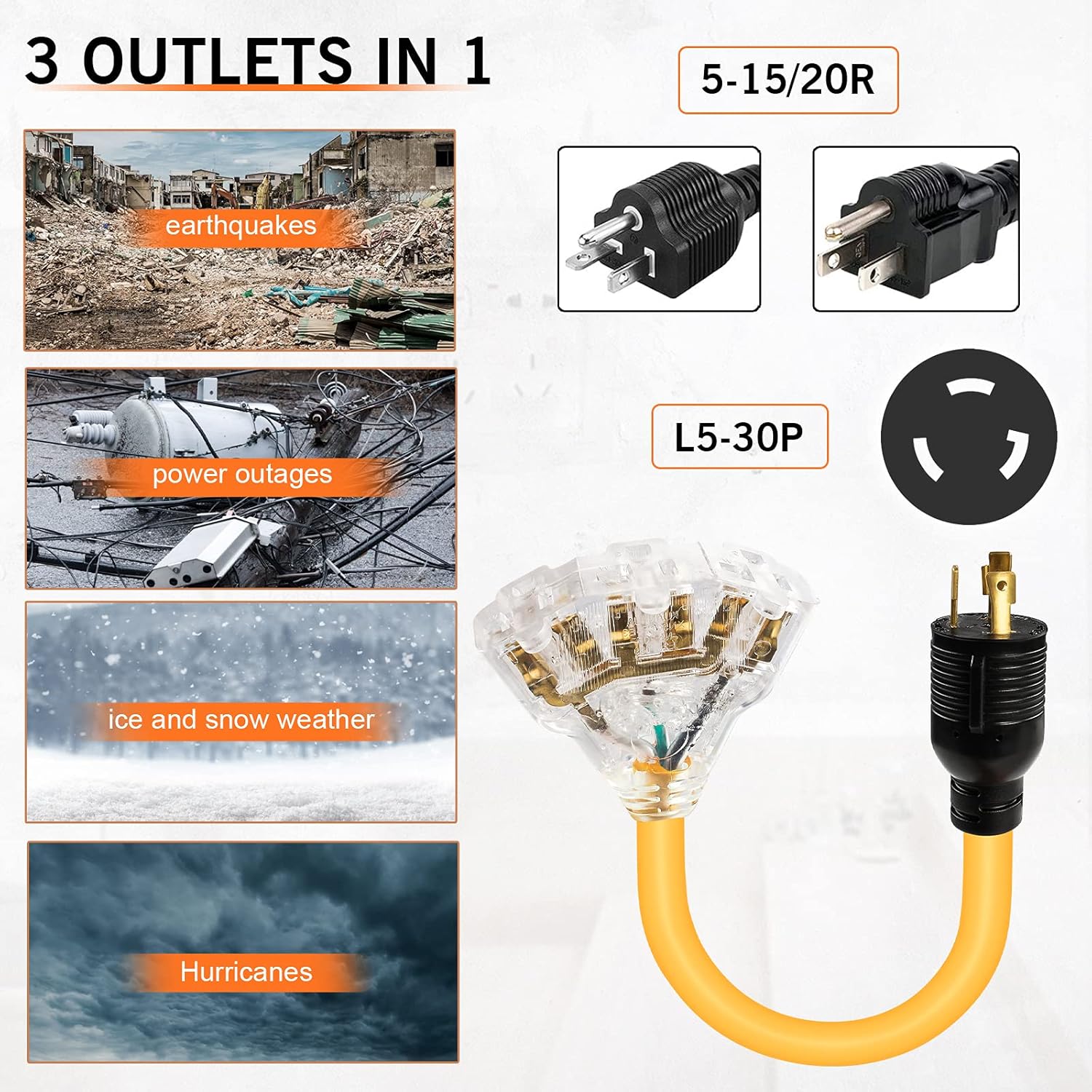 MAYITOP 3 Prong Adapter Generator Power Cord, Nema L5-30P Male to 3X 5-20R Female Adapter Plug, Adapter Generator Power Cord with Lighted End 1.5 FT 30 Amp