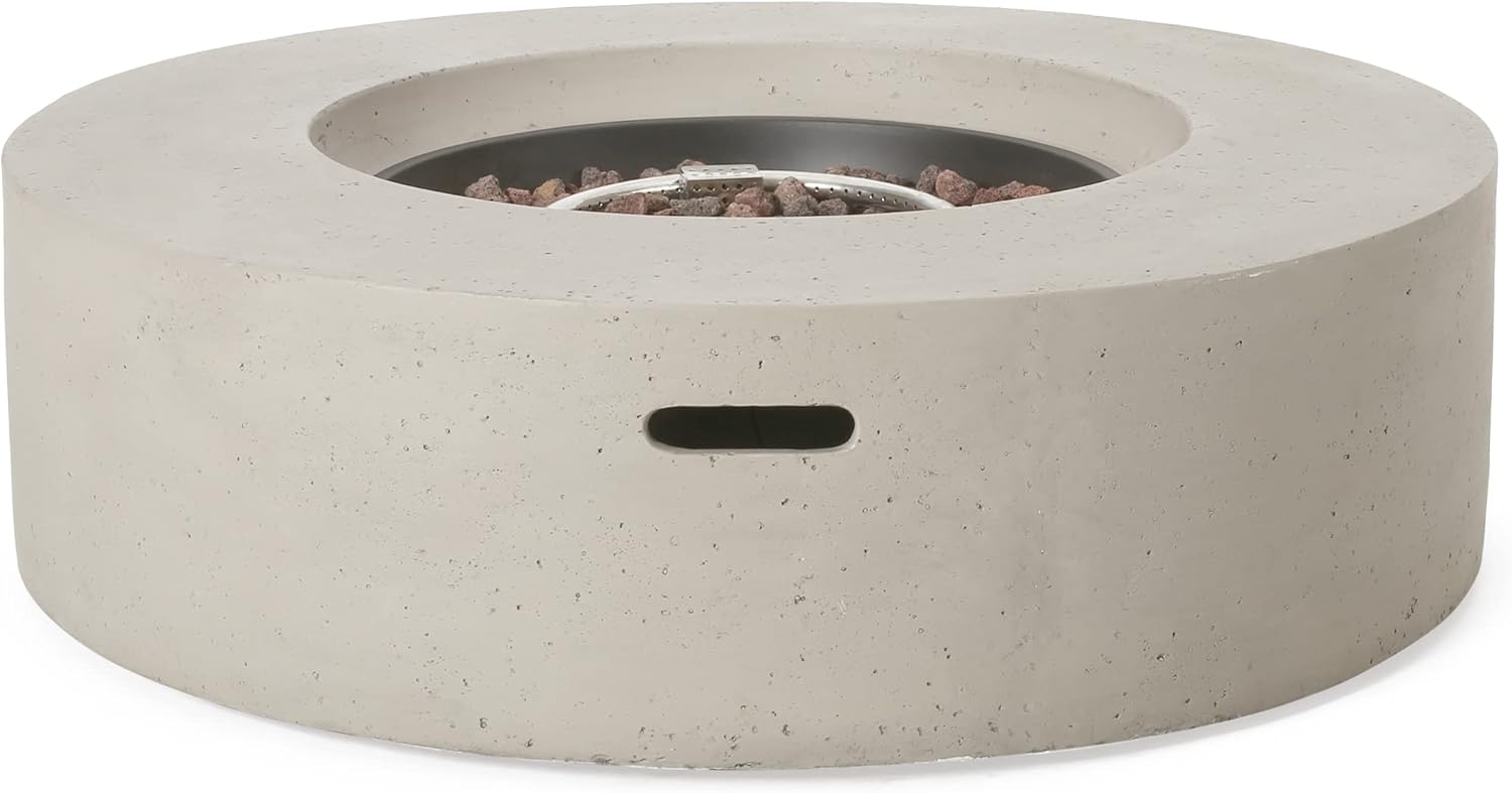 Outdoor 50,000 Btu Round Concrete Propane Fire Pit in Light Grey – No Tank Cover Included – Durable Stylish Backyard Heating Solution (1 Doors)