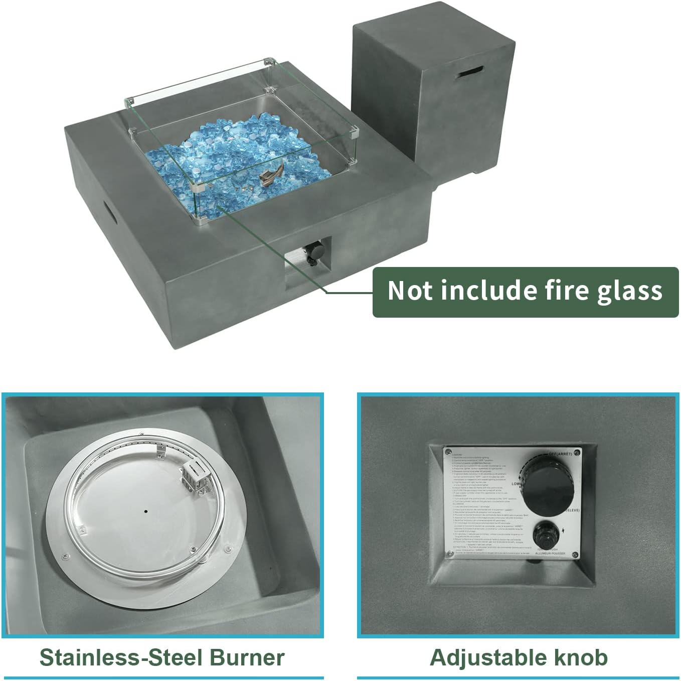 SUNBURY Outdoor Propane Fire Pit, Square Dark Green Gas Fire Pit 50,000 BTU, Fire Pit Table w 20 Gallon Tank Cover, Glass Wind Guard, Waterproof Cover, Without Fire Glass