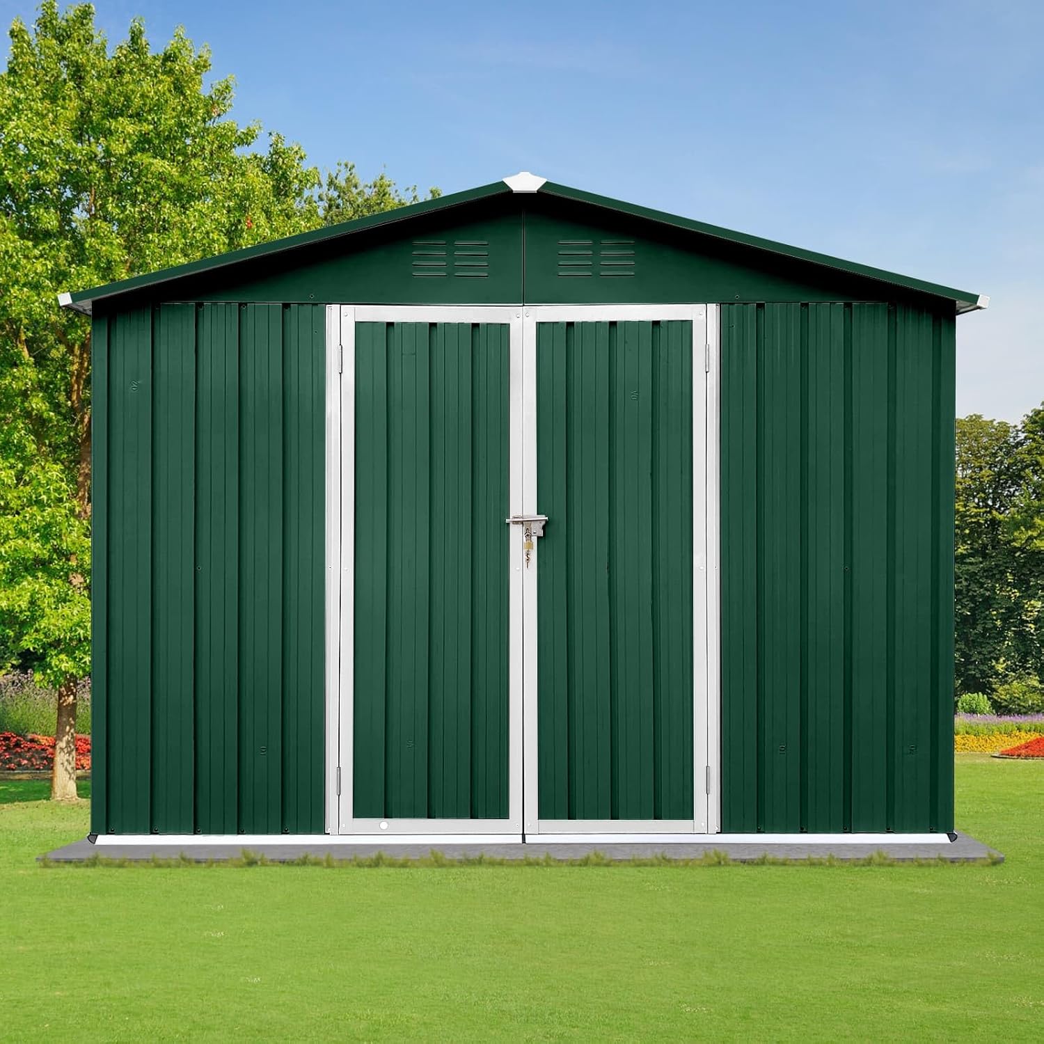 Outdoor Storage Sheds, Garden Padlock Sheds, Large Metal Tool Sheds,Heavy Duty Storage House for Backyard Patio Lawn to Store Bikes, Tools, Lawnmowers (Green, 6 x 8 FT)