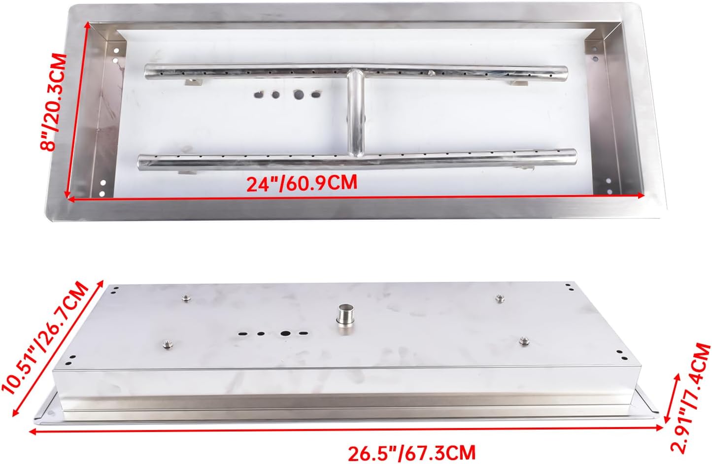 24 x 8 Inch Rectangular Stainless Steel Fire Pit Pan – 120,000 BTU Drop-in Propane Gas Fire Pit Burner Kit with H-Burner – Indoor/Outdoor Use, Weather-Resistant, Heavy Duty for Patio, Deck, Backyard