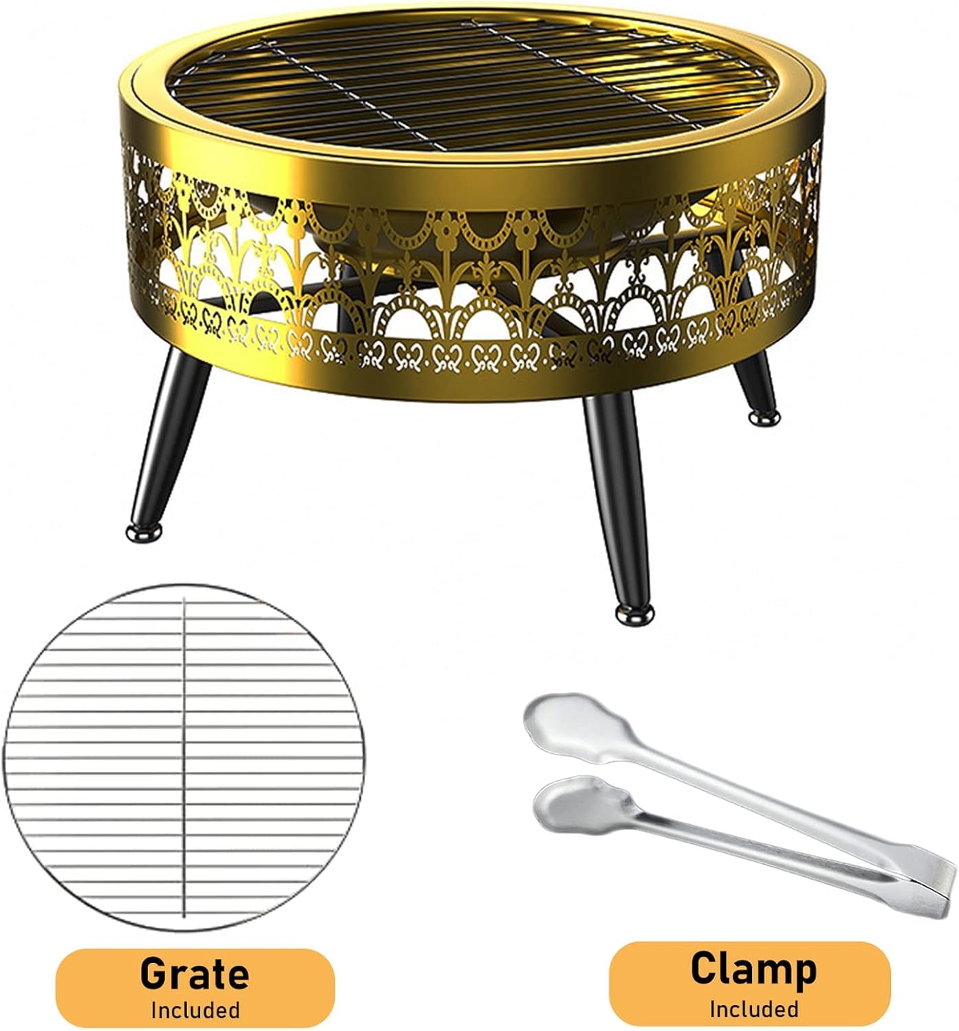 LXLZYXSF Gold Porch Patio Fire Pit, Modern Round Living Room Wood Burning Fire Basin Bowl, Camping, BBQ, Travel, Bonfire Party, Picnic (Color : B, Size : 52.5cm/20.6inch Wide)