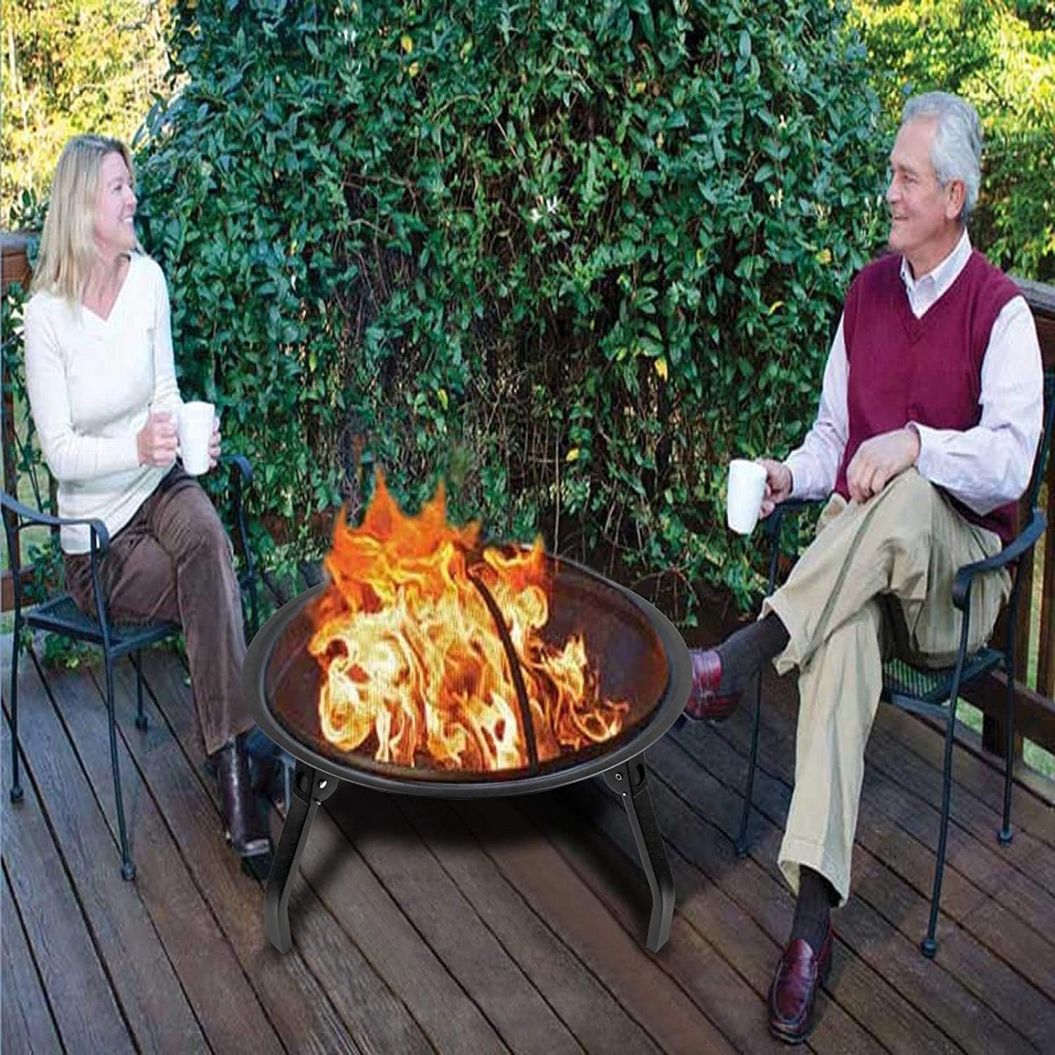 ItzZa Foldable Round Fire Bowl, with Firepalce Poker Waterproof Cover 22 Inch Patio Firepit, Outdoor Camping Fire Pits