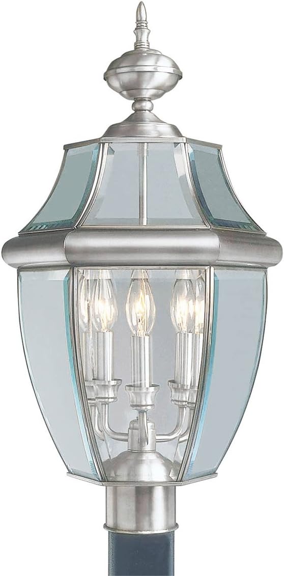 Livex Lighting 2354-91 Monterey 3 Light Outdoor Brushed Nickel Finish Solid Brass Post Head with Clear Beveled Glass