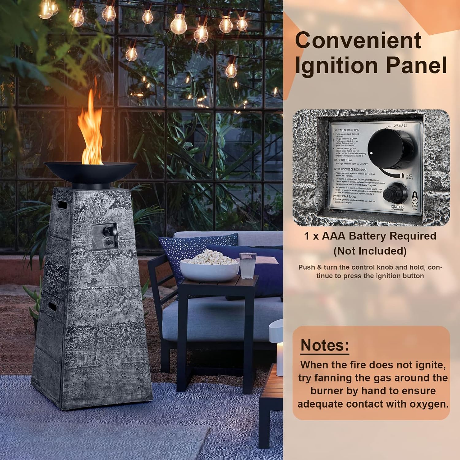 Giantex Outdoor Propane Fire Pit - 48 Inch Propane Fire Bowl Column with Lava Rocks & PVC Cover, 30,000 BTU Heat Output, Stainless Steel Burner, Patio Burning Gas Fire Pit Bowl for Backyard, Poolside