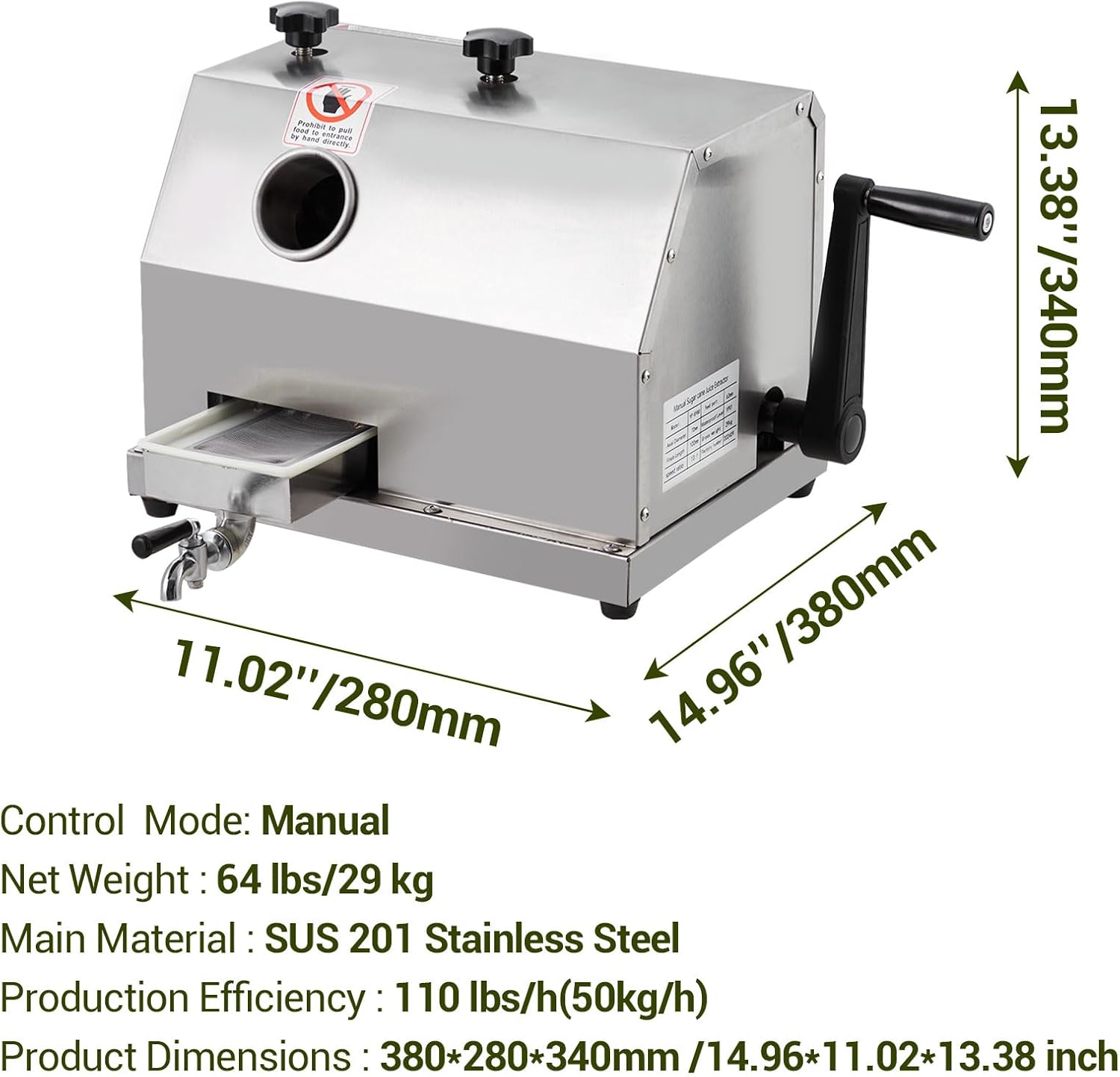 Manual Sugar Cane Juicer Machine, 110 LBS/H Output Commercial Press with Stainless Steel 3 Rollers & 2.4