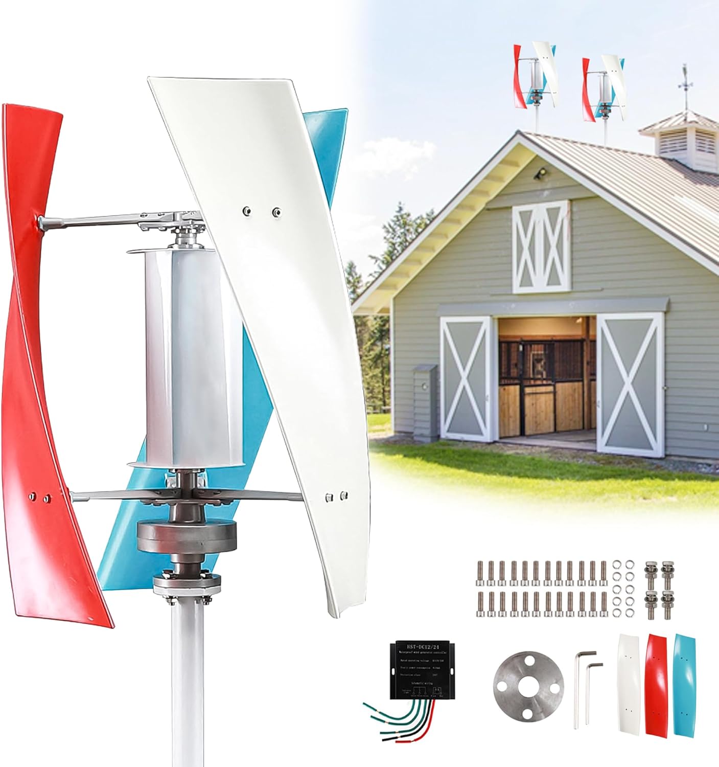 2000W 48V 24V 12V Vertical Axis Wind Turbine Generator, Low Wind Speed Startup & Quiet Operation, for Off-Grid Home, Farm, Boat, Marine, Street Lighting with Charge Controller & Flange 24v