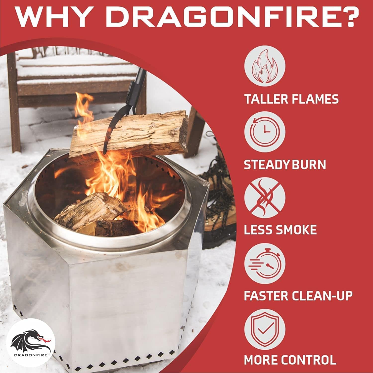 Dragonfire Smokeless Firepit, Accessories Included: Grill Grate, Base Stand, and Weatherproof Cover. Wood Pellet/Log Burning Large Outdoor Fire Pit. Stainless Steel, 23.5 Inch Backyard Patio Size.