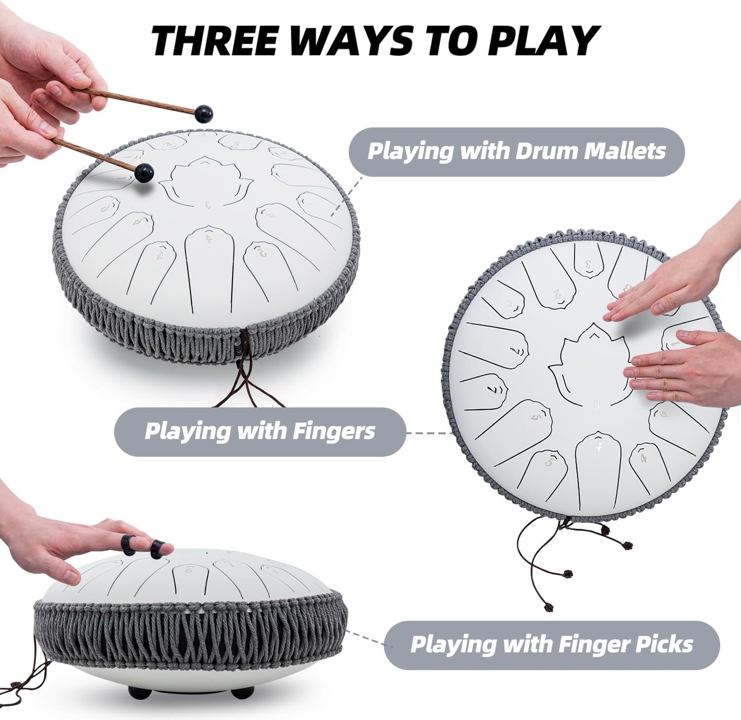 Steel Tongue Drum 13 Inch 15 Notes,Hand Drums with C-Key Travel Bag Drumsticks Holder Finger Paddles and Music Book,Handpan Percussion for Musical Education Meditation Yoga Gifts(Titanium White)