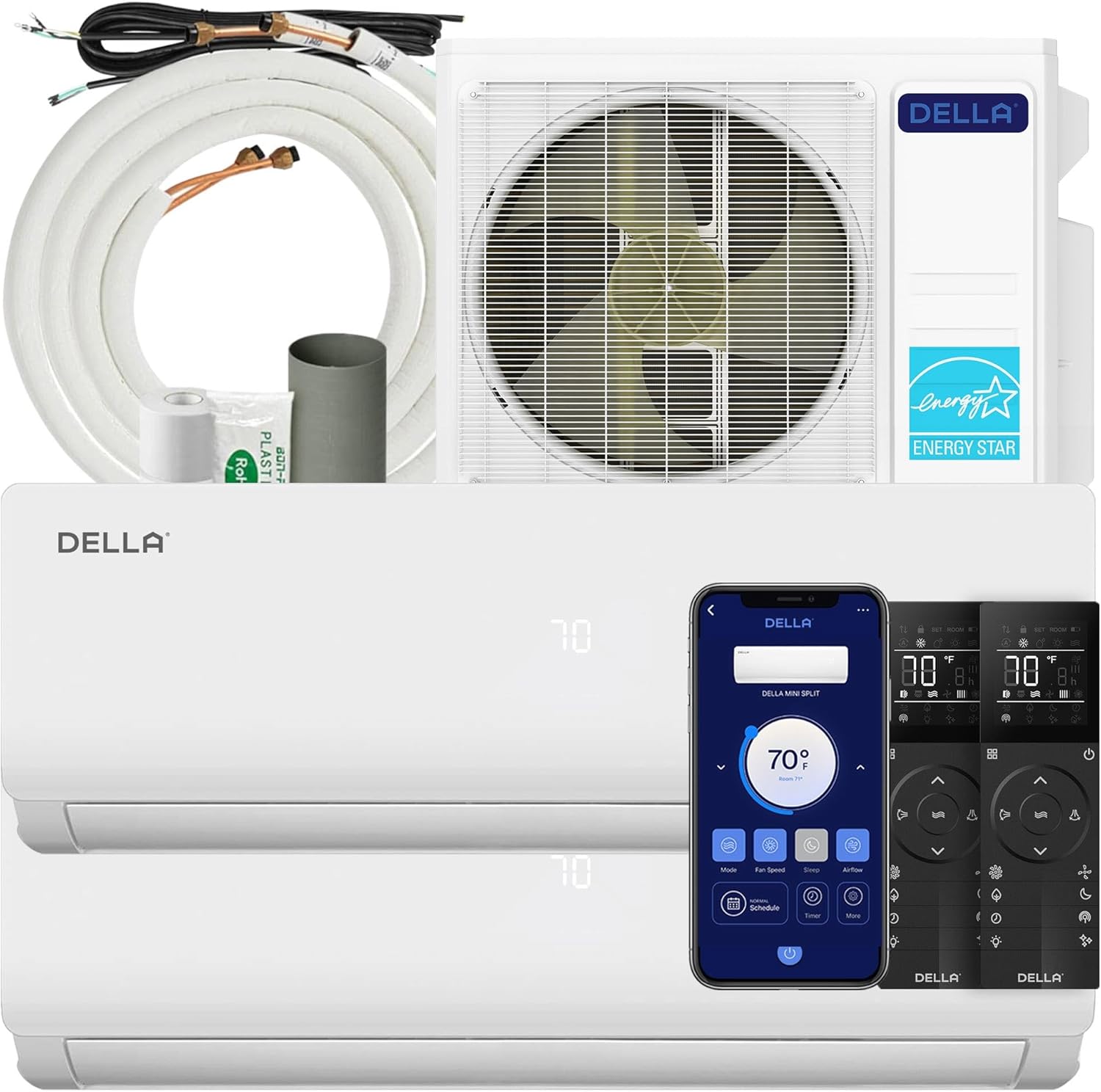 DELLA 20K BTU ODU 2 Dual Zone 9000 12000 BTU Mini Split AC Work with Alexa, Energy Efficient, 20 SEER2 208-230V Cools Up to 950 Sq.Ft Wifi Multi Zone Pre-Charged Heat Pump with 16ft Installation Kits