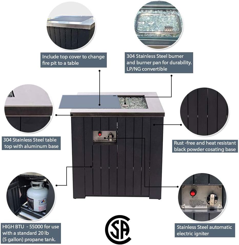 MASE 24-Inch Square Small Outdoor Patio Propane Gas Fire Pit Table.304 Stainless Steel Tabletop w/Arctic Ice Glass Rocks and Black Powder Coating Aluminum Body. No Assembly Required