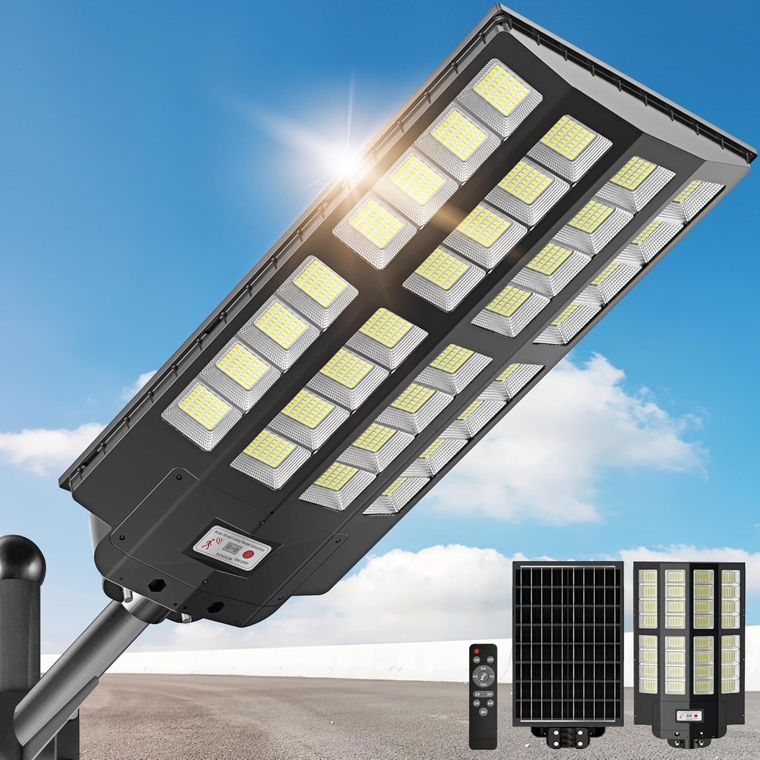 8600W Solar Street Light - 8000K Wide Angle Solar Lights Outdoor, Flood Security Lights Motion Sensor & Dusk to Dawn, IP66 Waterproof Solar Street Lights Outdoor for Roadway Yard