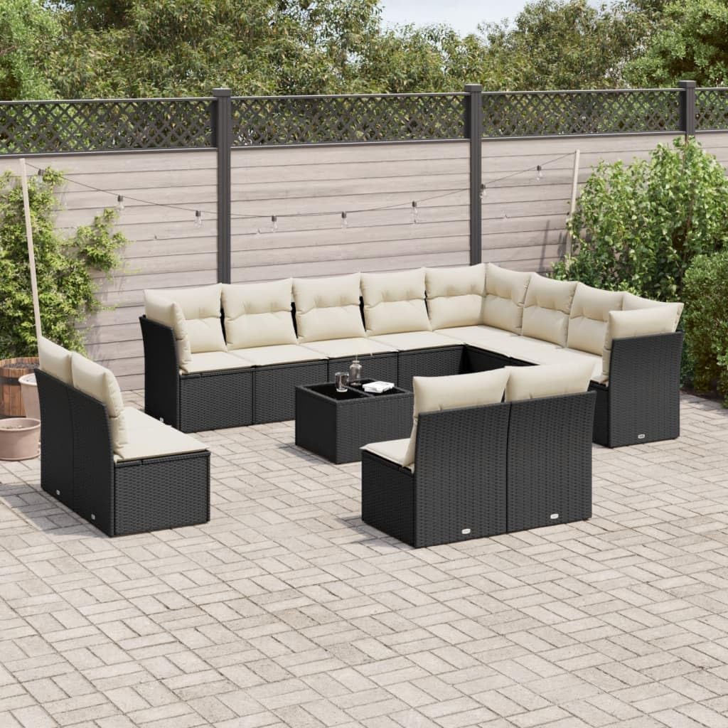 Garden Sofa Set Black PE Rattan, Large Outdoor Sectional Seating for 12 Adults, Modern Patio Furniture with Adjustable Feet for Balcony Terrace