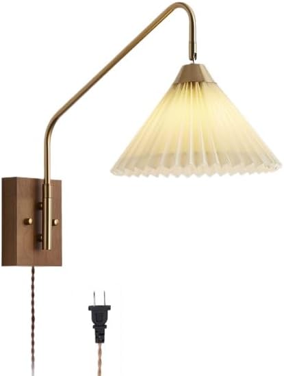 Long Arm Wall Sconce Plug in Pull Chain Switch Hardwired Farmhouse Vintage Wall Light with Pleated Fabric Shade Swing Arm Wall Lamp for Bedroom Dining Table Bedside Living Room Headboard