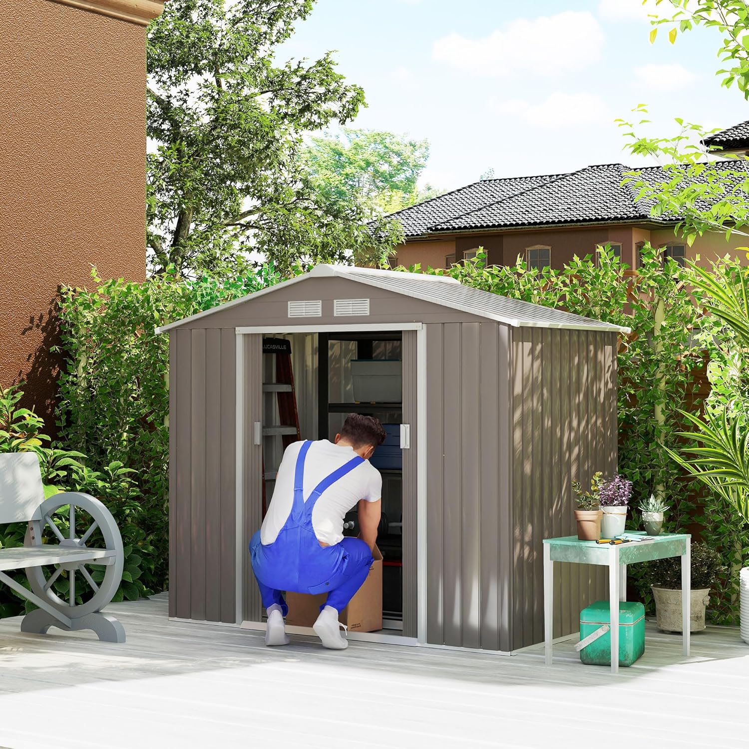 6x4 ft Outdoor Storage Shed, Galvanized Steel Garden Tool House with Sliding Doors - Weatherproof Yard Shed with Ventilation for Lawn Equipment & Gardening Tools (Gray/White) (Gray, White)