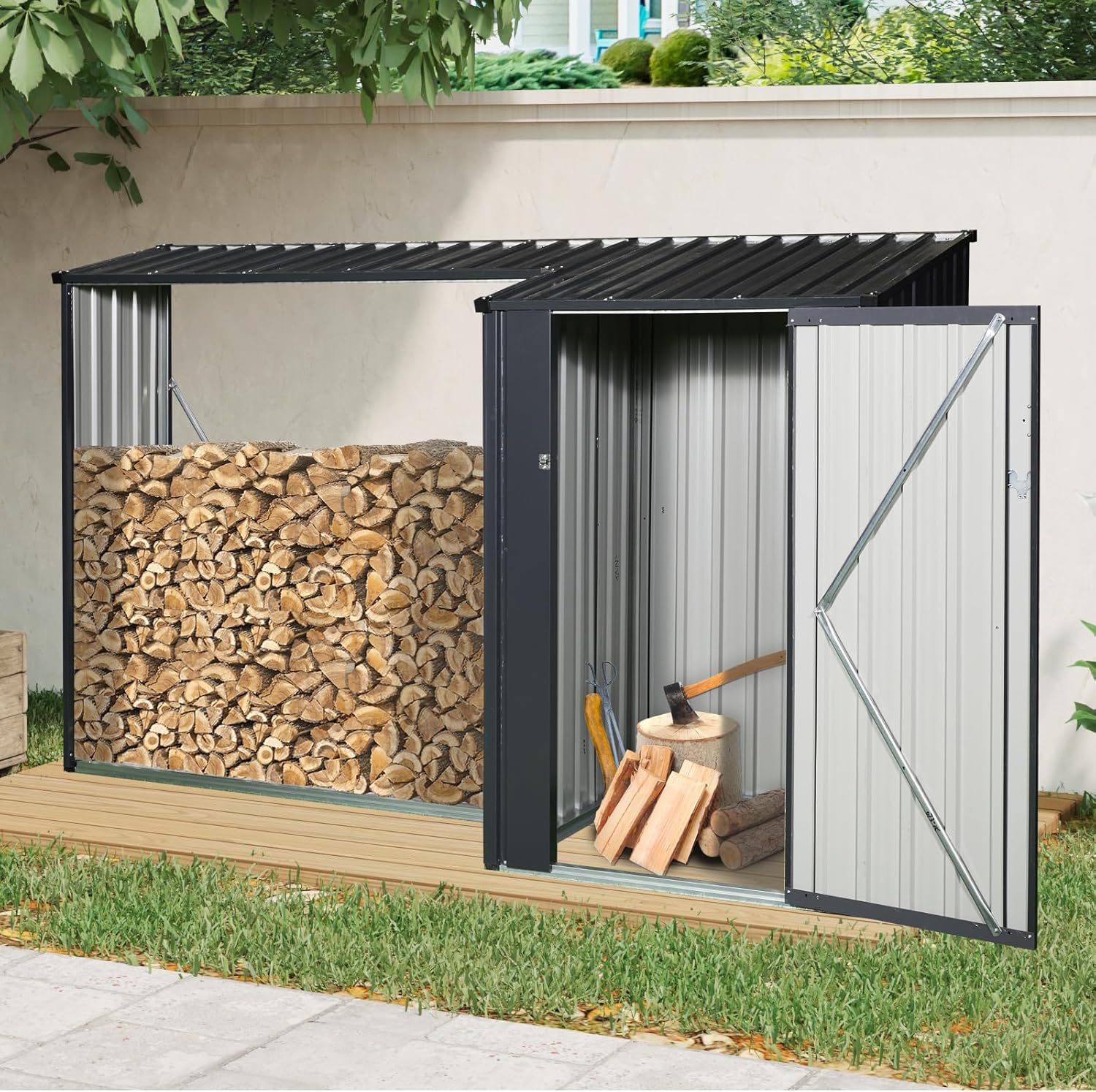 Outdoor Steel Firewood Rack and Metal Storage Shed Two-in-One, Waterproof Lean-to Garden Tool Bike Sheds Kit, Backyard Storage Building Cabinet for House,3FT*8.5 FT