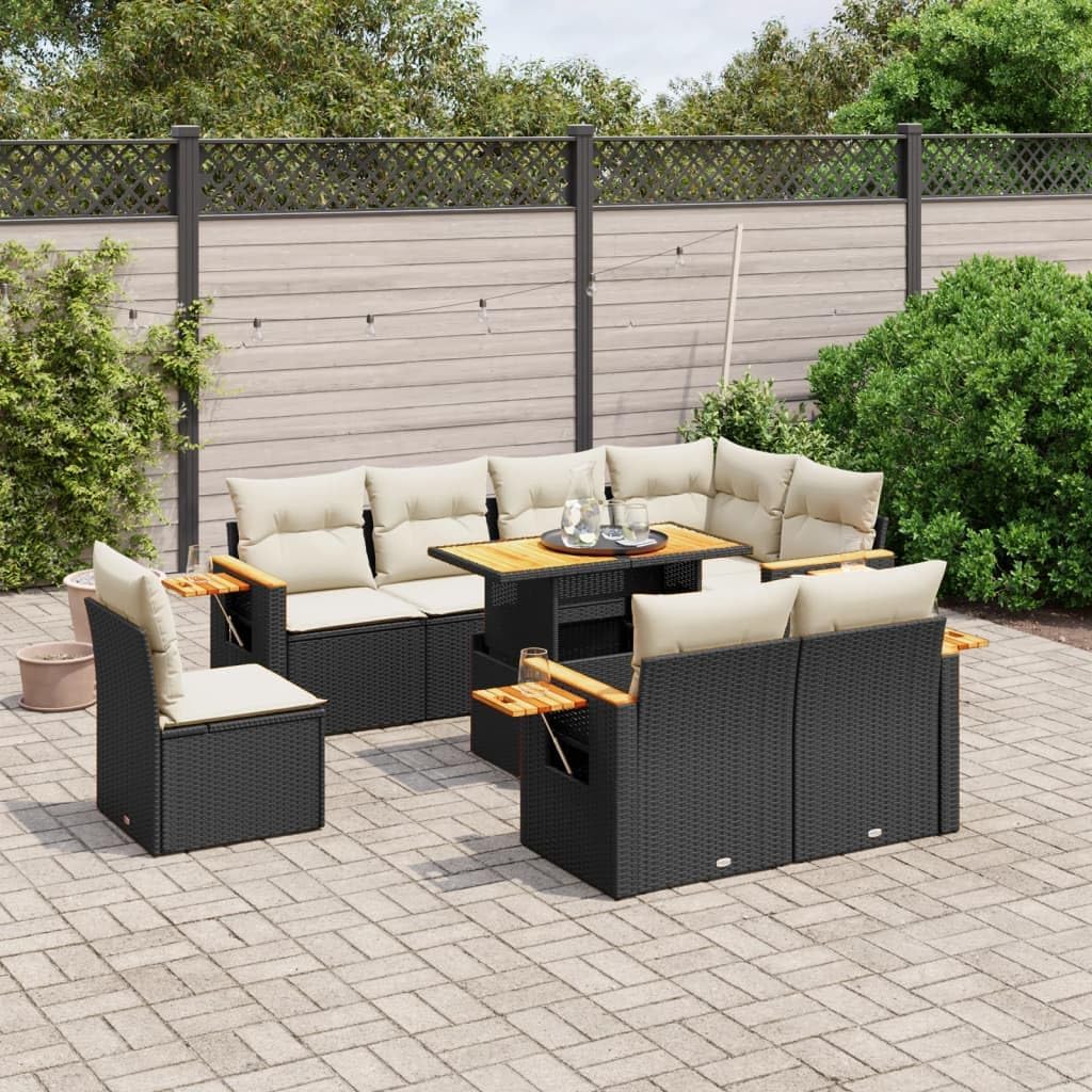 9-Piece Garden Sofa Set, Black PE Rattan, Large Adjustable Armrests, Outdoor Patio Furniture Dining Table Set for Balcony