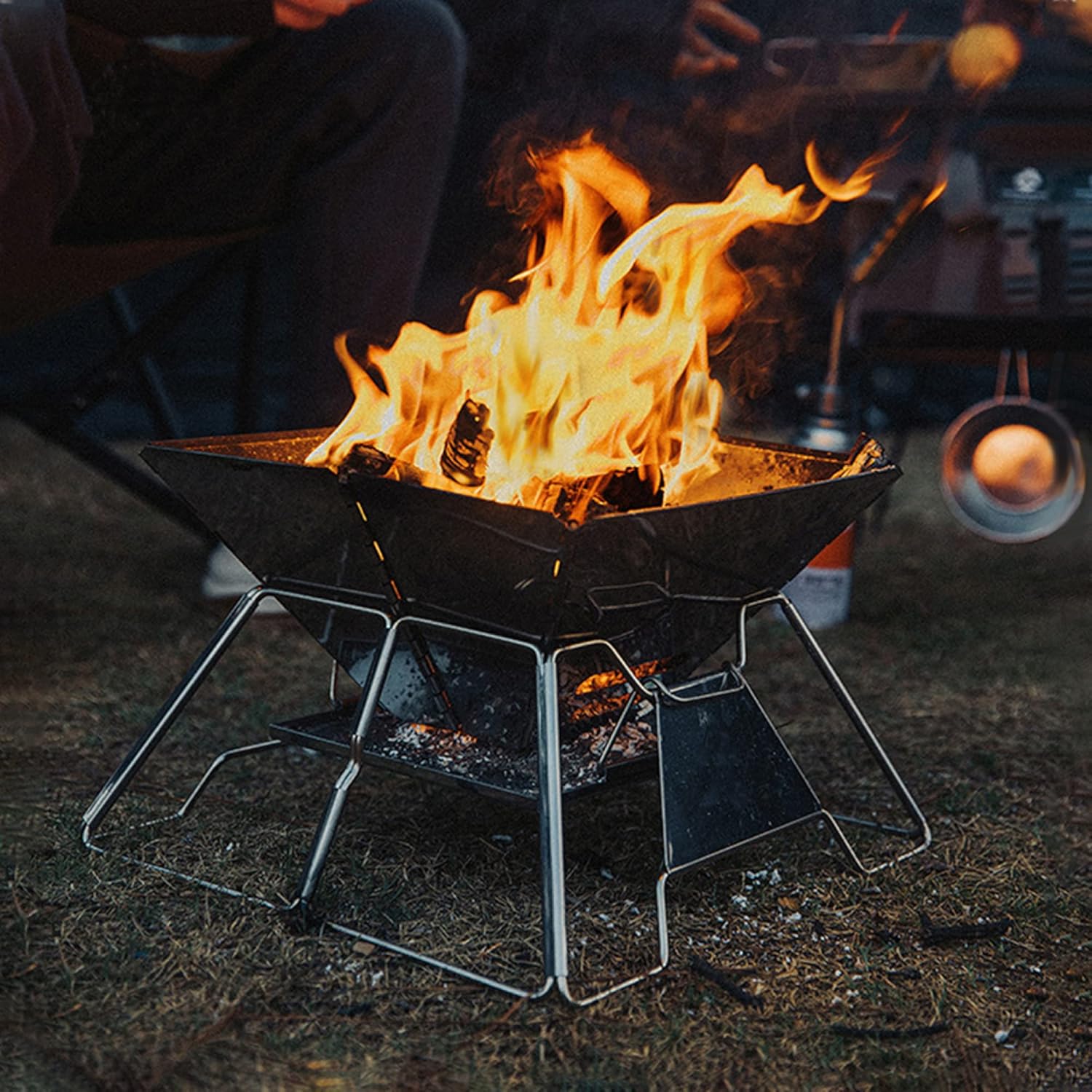 Portable Camping Fire Pit Campfire Grill, Stainless Steel Folding Charcoal Barbecue Grill, Outdoor Wood Stove Burner with Carrying Bag (Square)