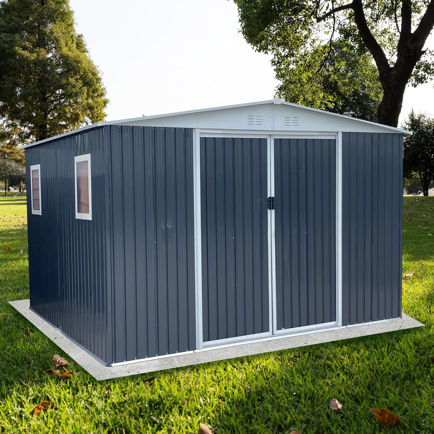 Ball & Cast 12x10 FT Outdoor Large Storage Shed with 4 Windows, Metal Garden Sheds with Punched Vents and Lockable Door,Clearance Tool House with Aluminum Frames for Backyard,Patio,Grey