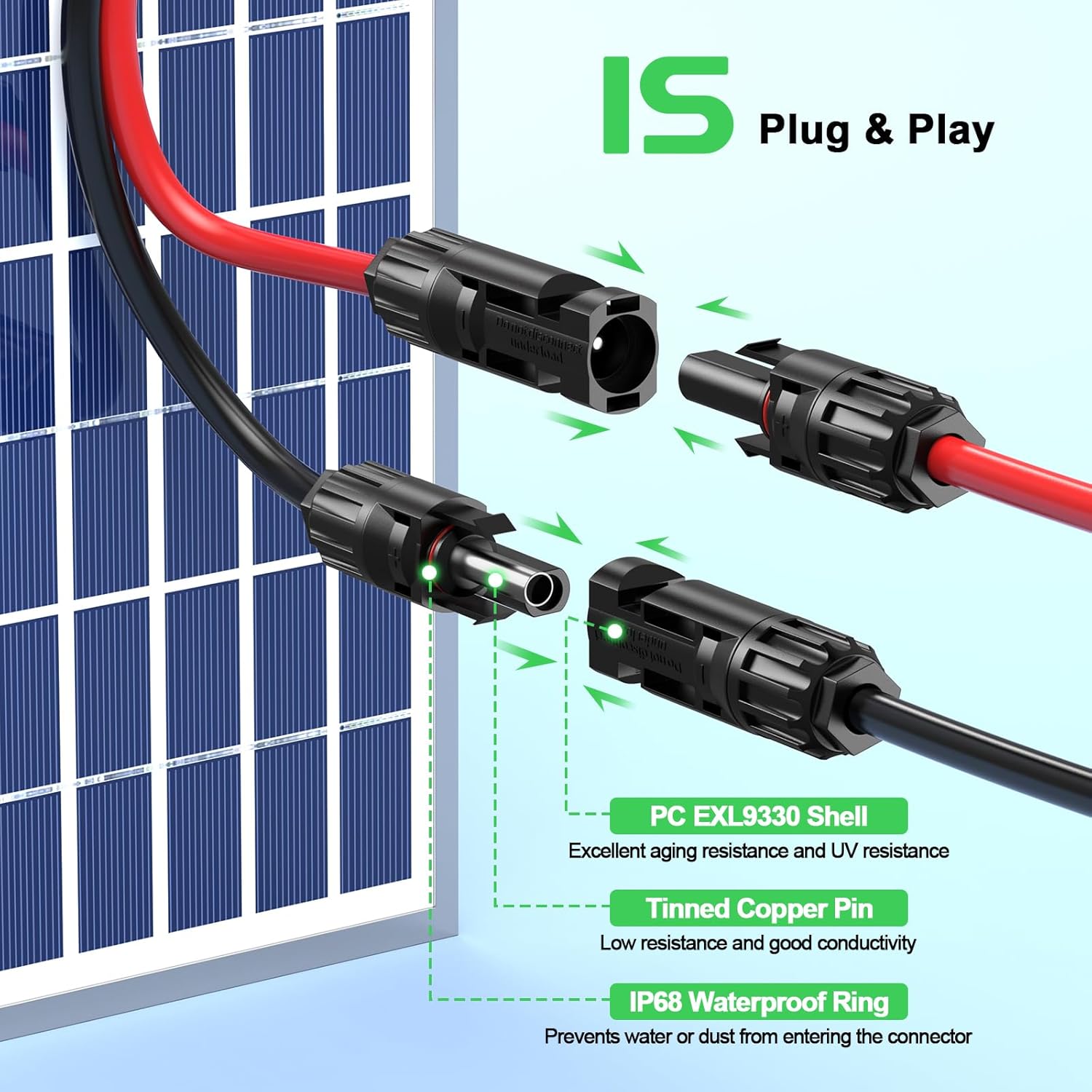 Bateria Power Solar to XT60 Charge Extension Cable with Solar Connectors Caps, Combined Wire Solar Connector to XT60 Adapter Cable for Solar Panel to Battery RV Power Station Generator 12AWG 50FT