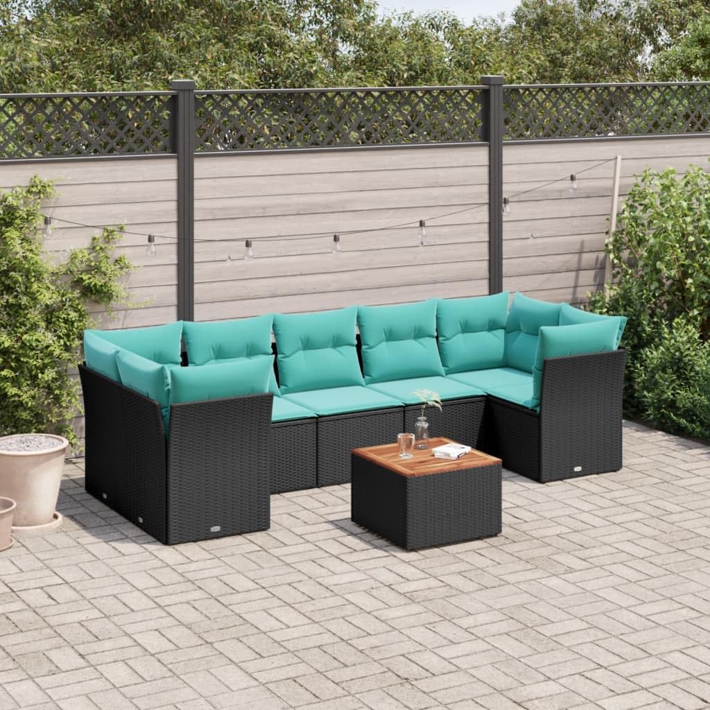 8 Piece Patio Sofa Set with Cushions, Black Poly Rattan Outdoor Furniture, Modular Garden Seating, Acacia Wood Tabletop, UV-Proof, Balcony Furniture