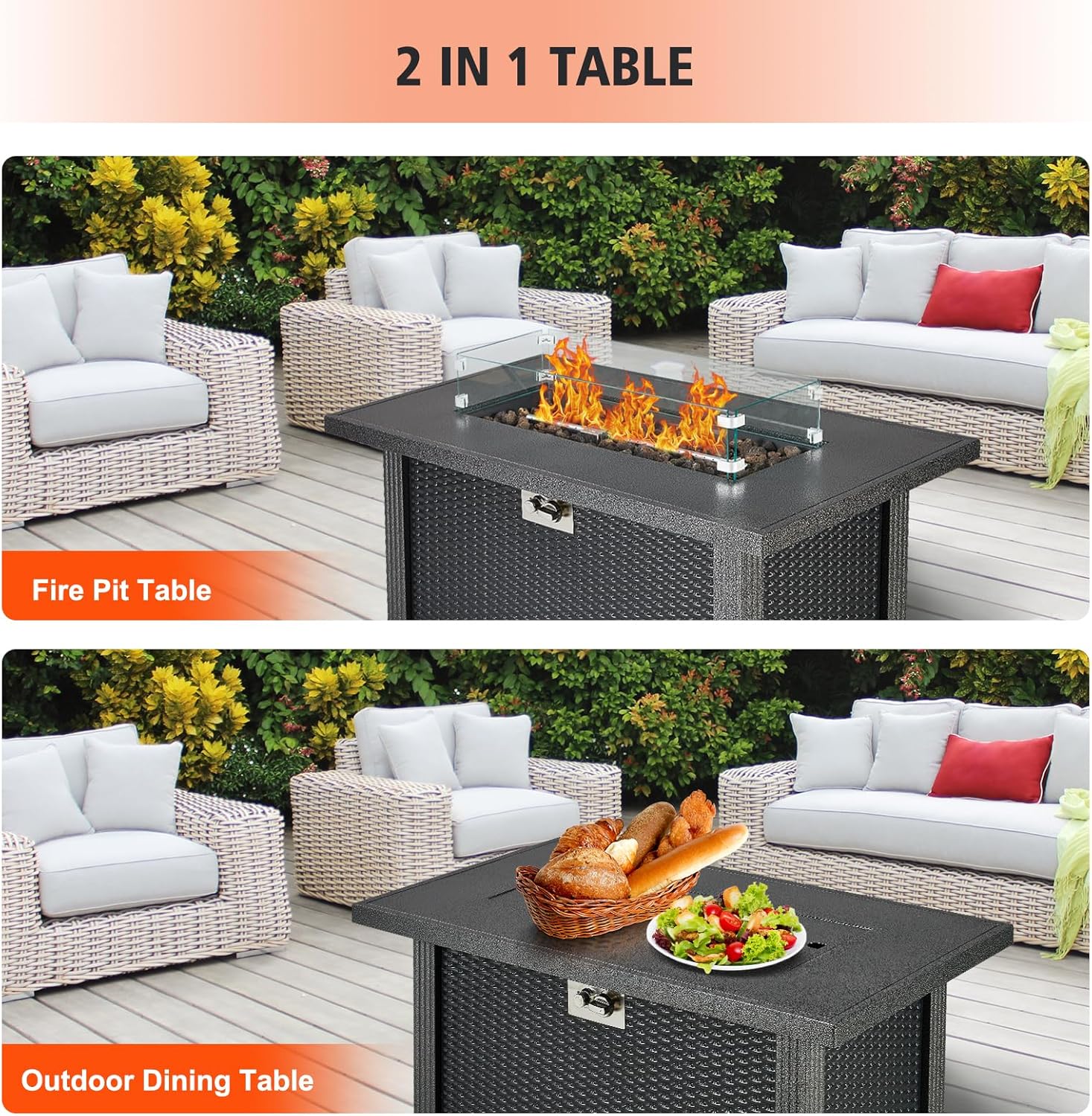 Outdoor Fire Table, 44 inch Rectangle Propane Gas Fire Pit Table, 50,000 BTU Modern Firepit with Wind Guard, Lava Rock, Rain Cover