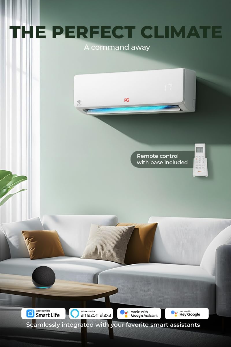 PG 30,000 BTU 2.5-Ton Mini-Split Inverter+ Heat Pump with WiFi, 220V/230V, Powerful Single-Zone AC & Heater for 1,300 Sq Ft | Includes Smart LED Bulb A19 with Voice Control & Google, Alexa