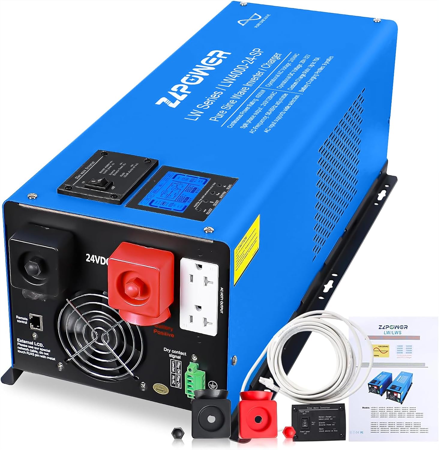 ZLPOWE 4000W 24V Inverter Pure Sine Wave Inverters Low Frequency 240Vac Input 120Vac/240Vac Output Split Phase with Battery Charger Off-Grid 12000W Peak for RVs Home