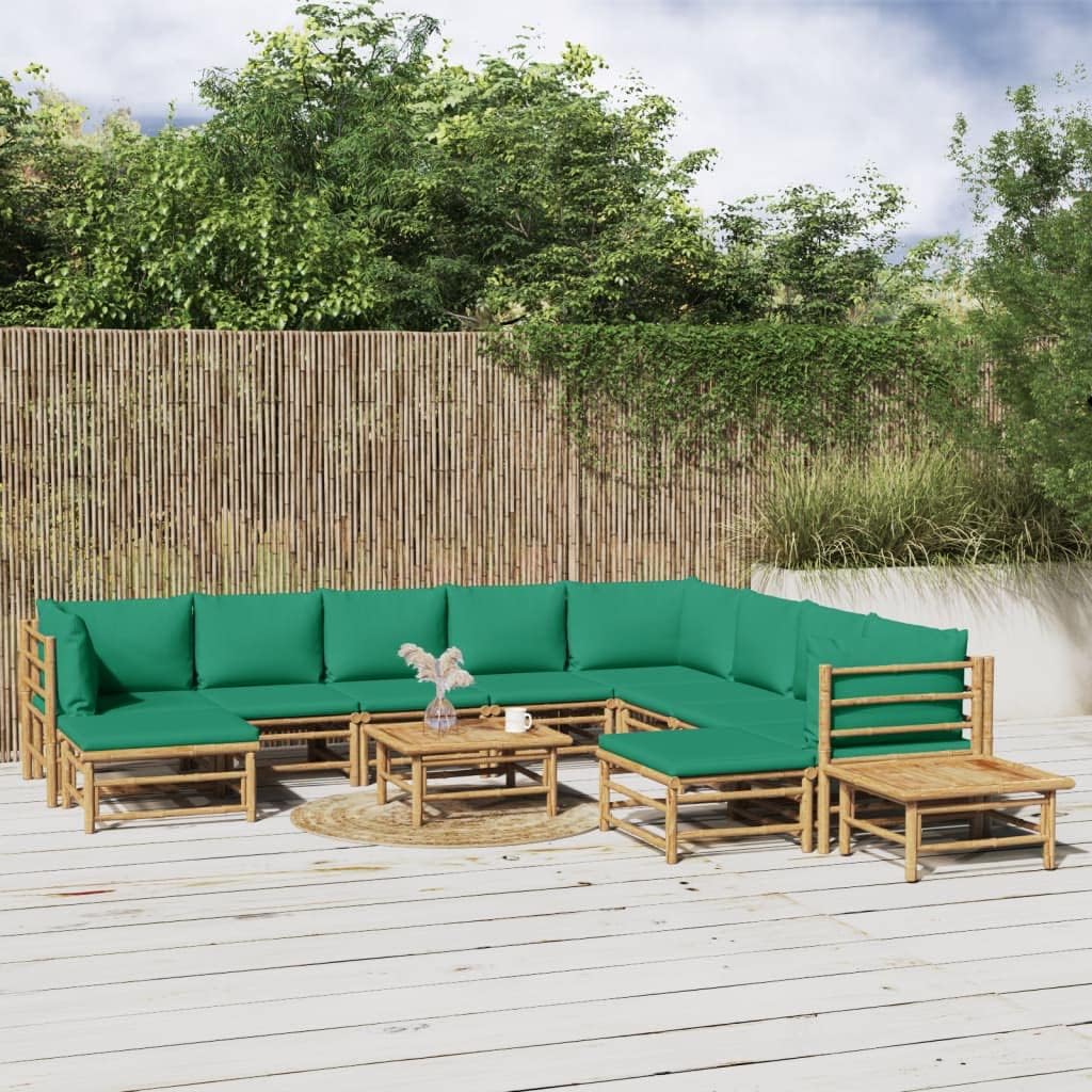 12 Piece Patio Lounge Set with Green Cushions Bamboo,Elegant Bamboo Patio Lounge Set: Enjoy Comfort and Style in Your Outdoor Space Patio Furniture Sets, Outdoor Furniture Sets